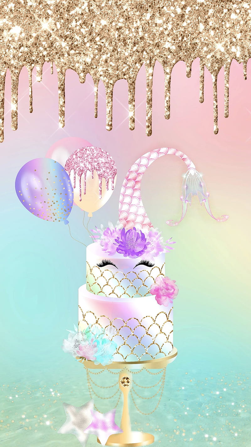800x1422 Happy Mermaid Cake, birtay, birtay, celebrate, cute, drips, eye lashes, gold glitter, HD phone wallpaper
