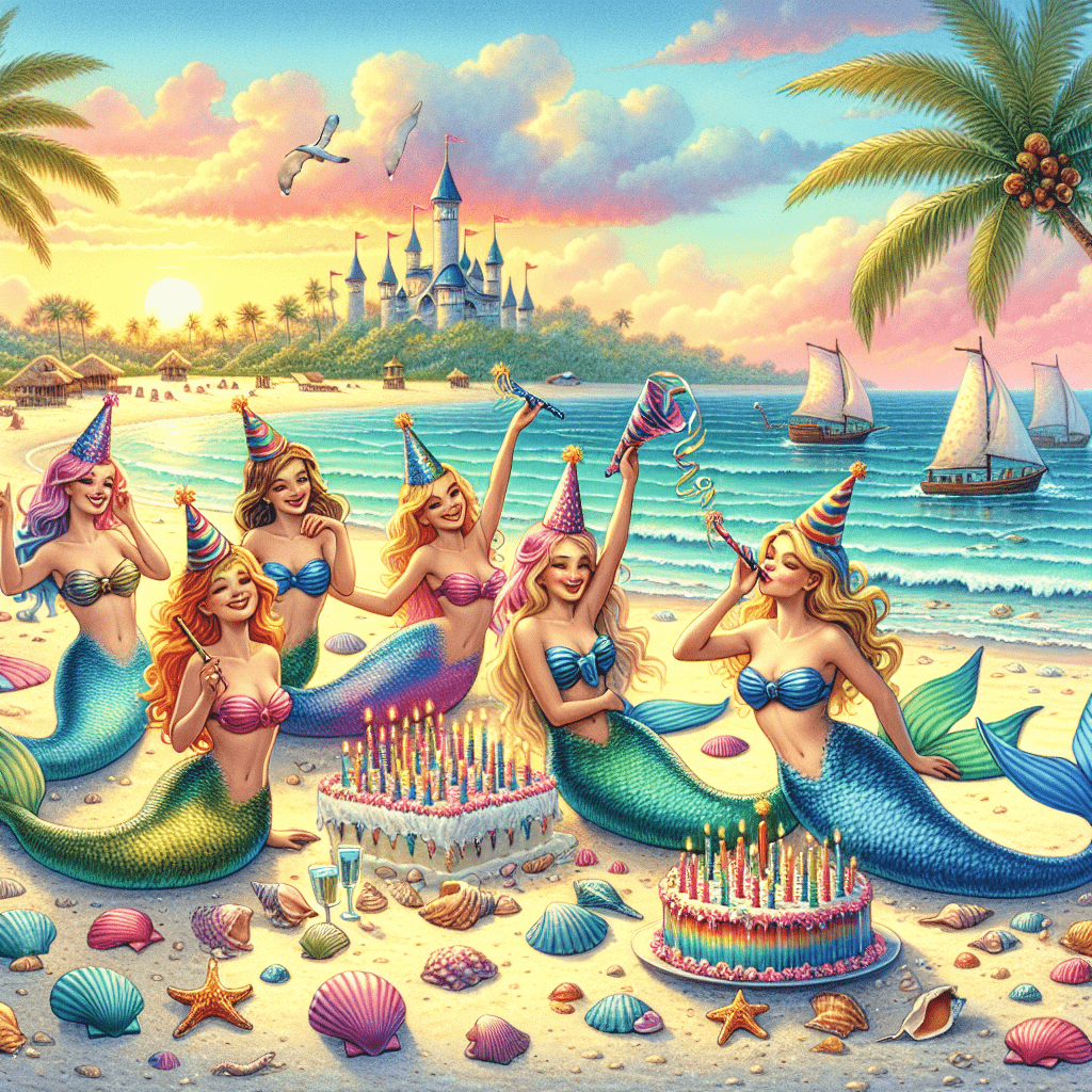 1024x1024 Birthday Card for Child Mermaid Beach Party. Silly Robot Cards