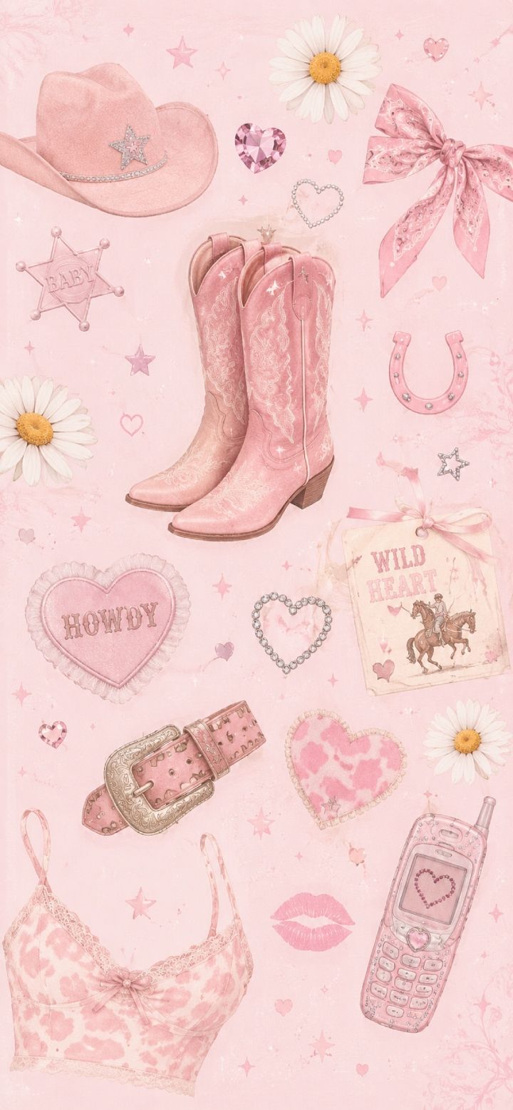 720x1556 Y2K Pink Cowgirl Phone Wallpaper : Coquette Western Aesthetic Background