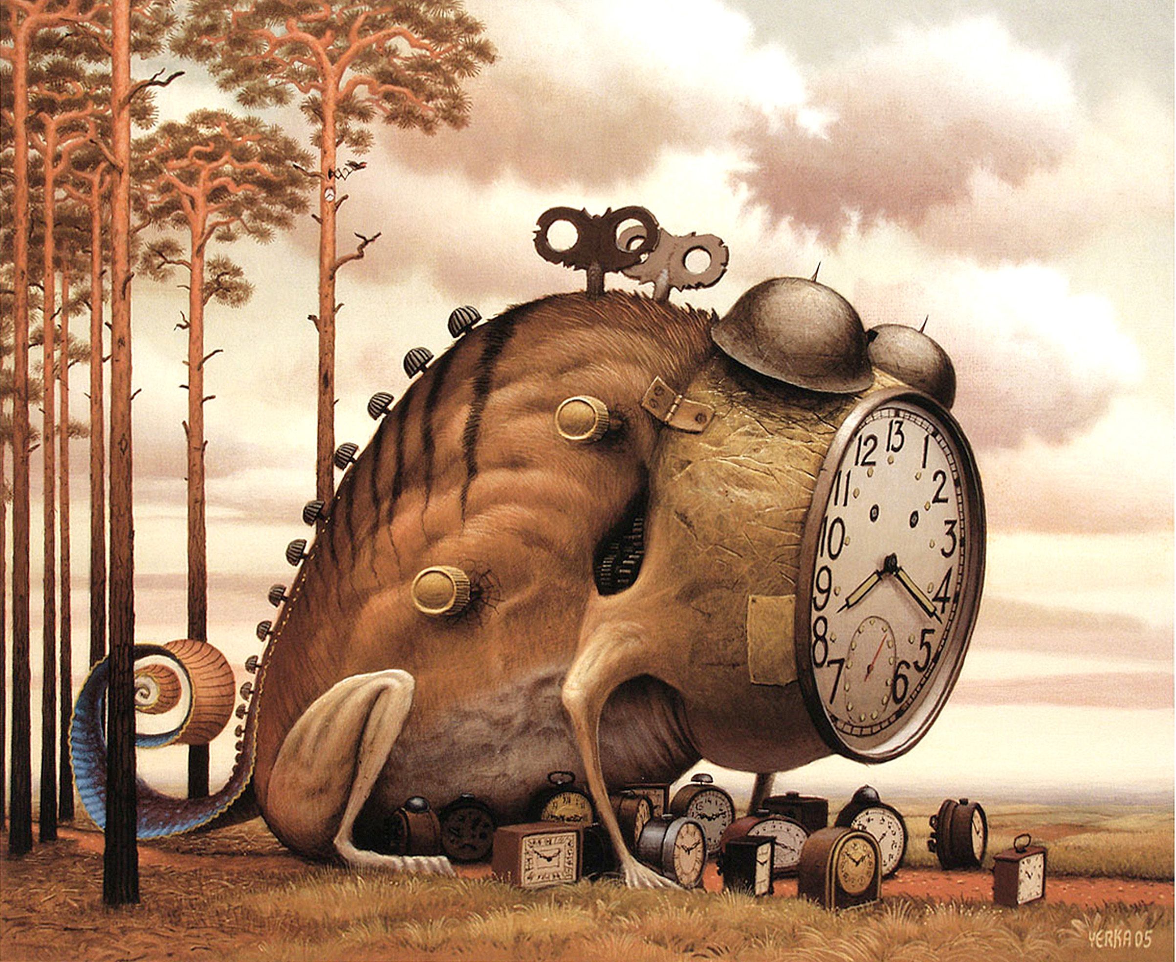 2406x1968 Surreal Clock Creature: A Dreamy HD Wallpaper Experiencex1968