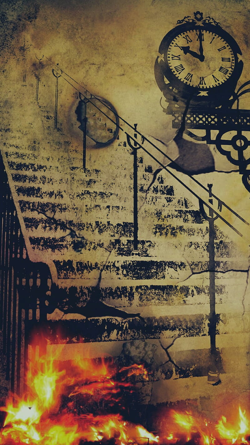 800x1422 Station Clock Fire, burn, flames, stairs, steampunk, surrealism, time, vintage, HD phone wallpaper