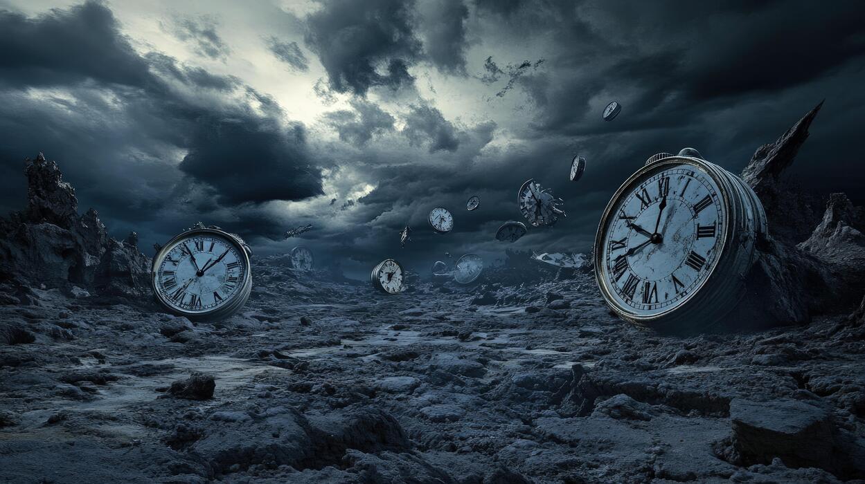 1249x700 Surreal landscape with massive vintage clocks amidst shattered time pieces under dramatic stormy sky