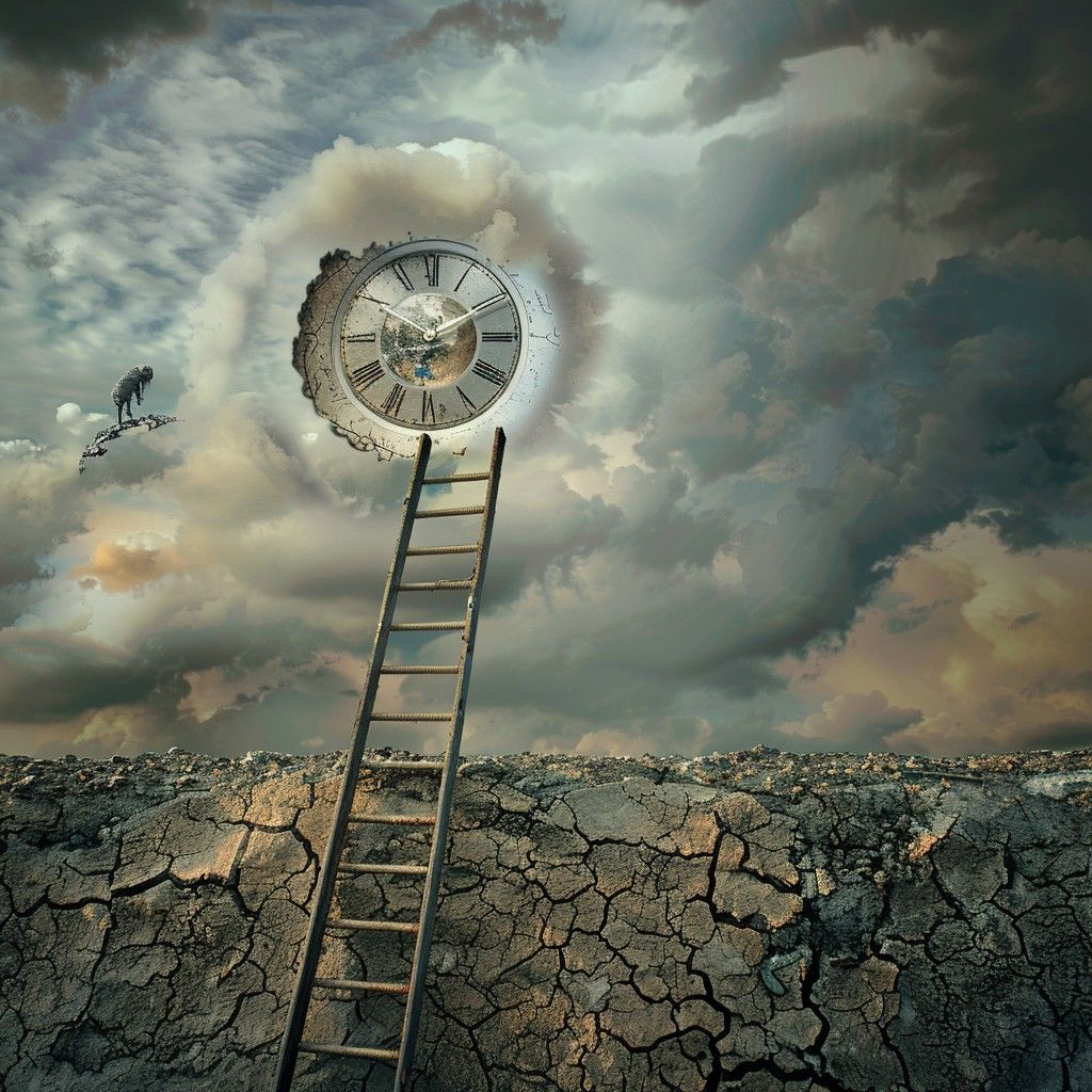 1024x1024 Free Surreal Time Escape Image, Clock, Clouds