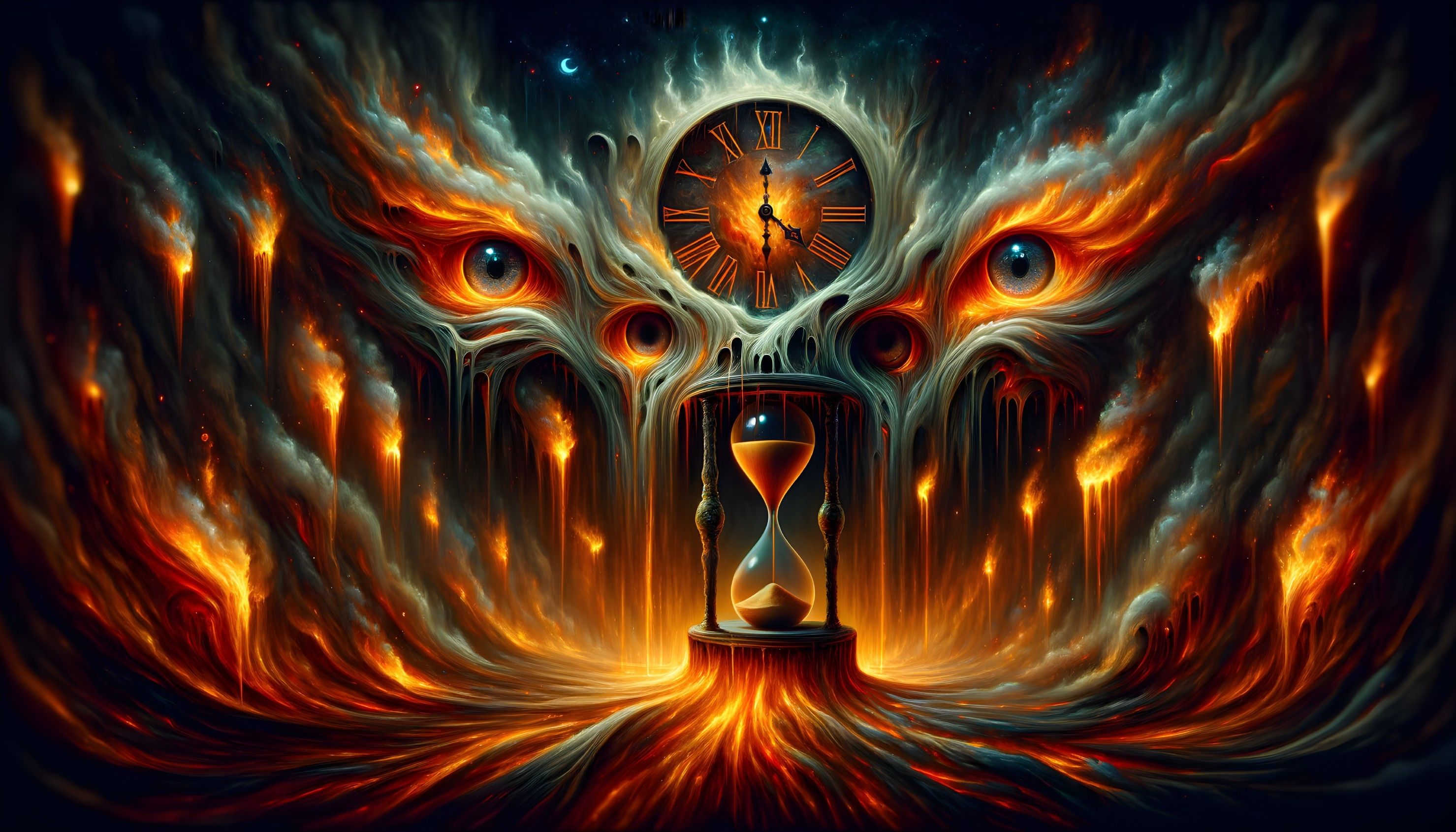 2958x1690 Surreal Scene of Clock, Hourglass, and Glowing Eyes. Deep Dream Generator