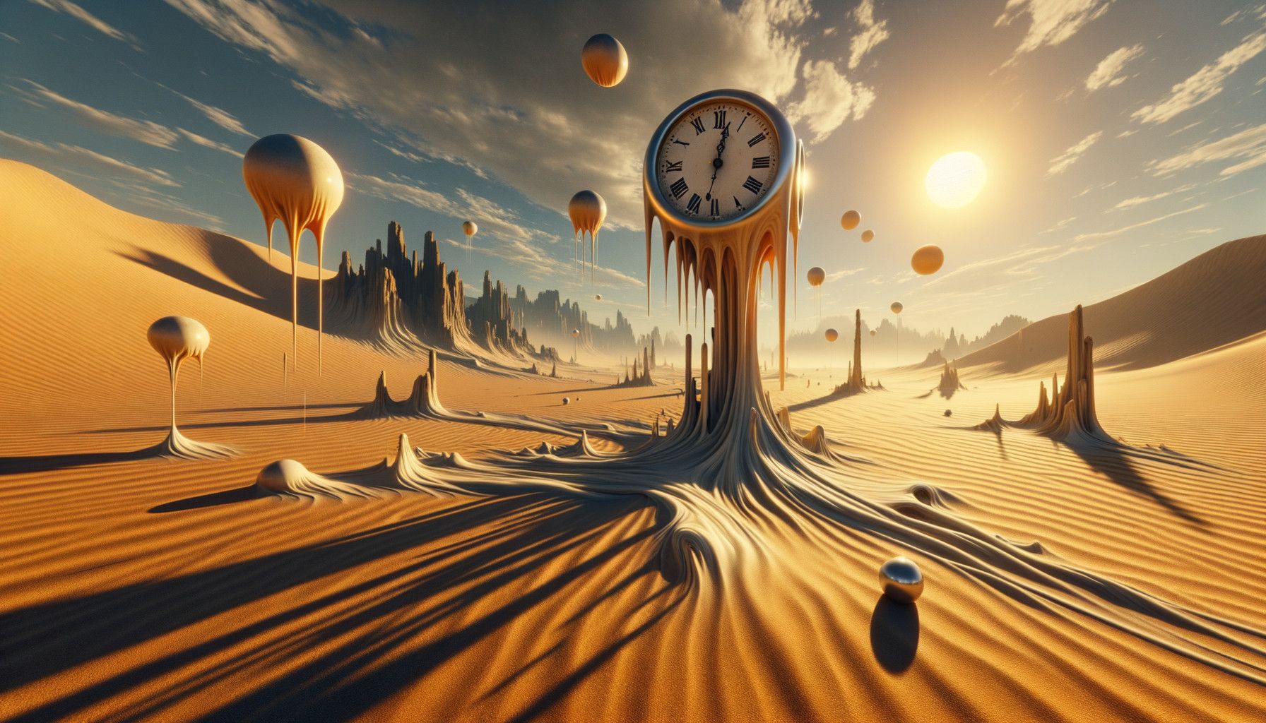 1792x1024 Surreal Desert Landscape with Melting Clock and Spheres. Deep Dream Generator