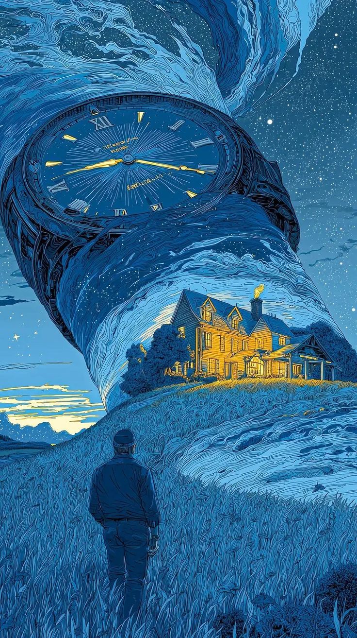 736x1313 The clock in the house of the night. Surreal art wallpaper ideas, Time traveler wallpaper