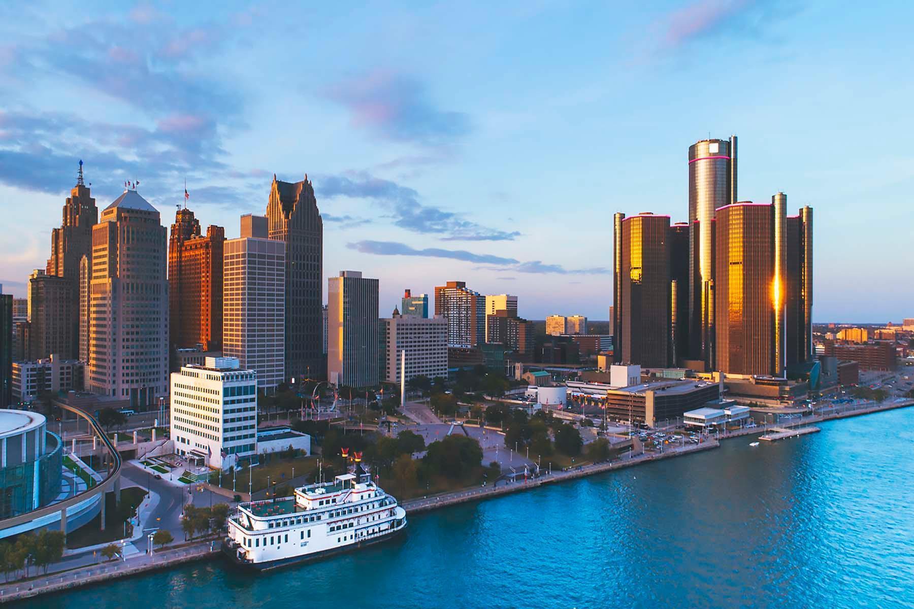 1800x1200 Downtown Detroit Sunset Skyline Wall Mural