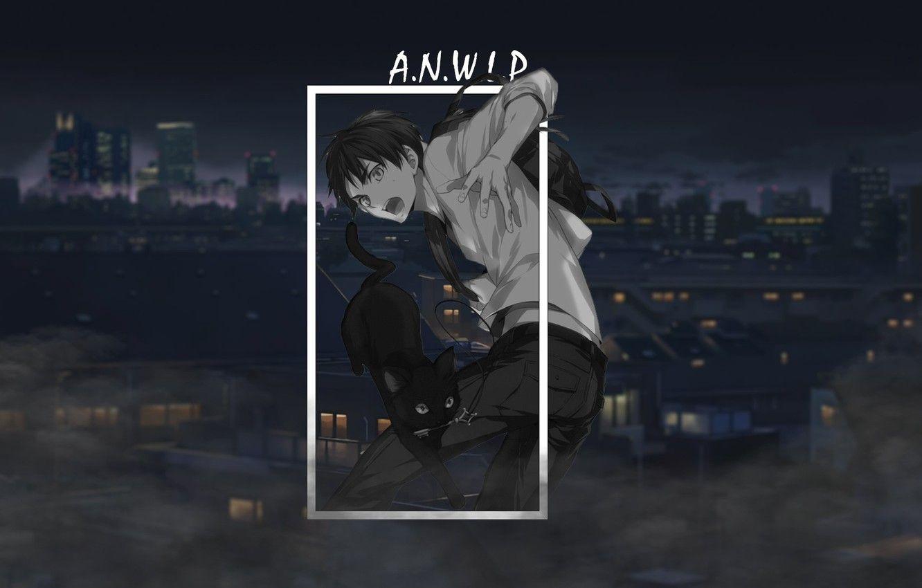1332x850 Wallpaper cat, night, the city, smoke, anime, guy, black and white