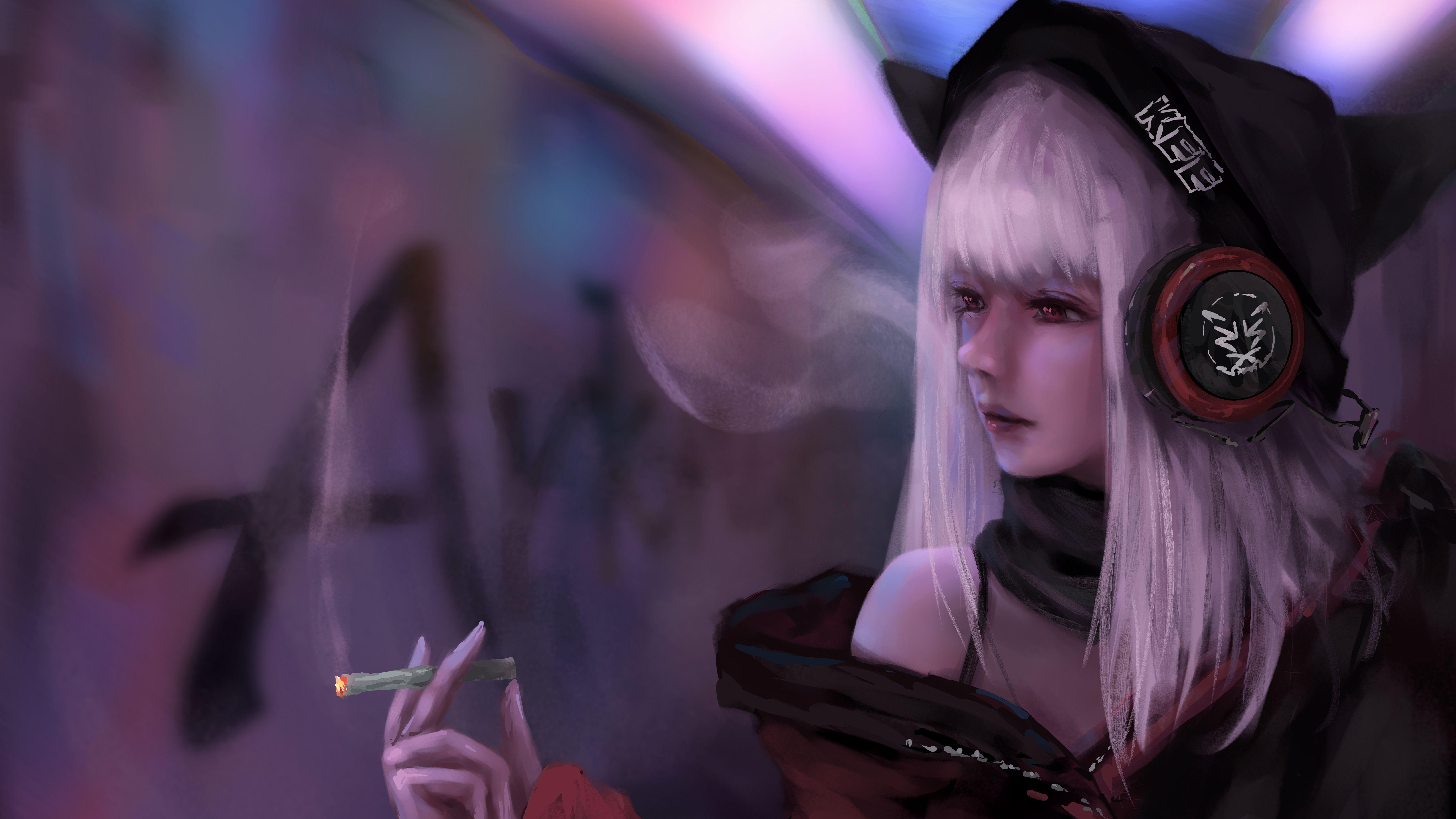 8000x4500 Anime Girl Smoking And Listening Music 8k, HD Anime, 4k Wallpaper