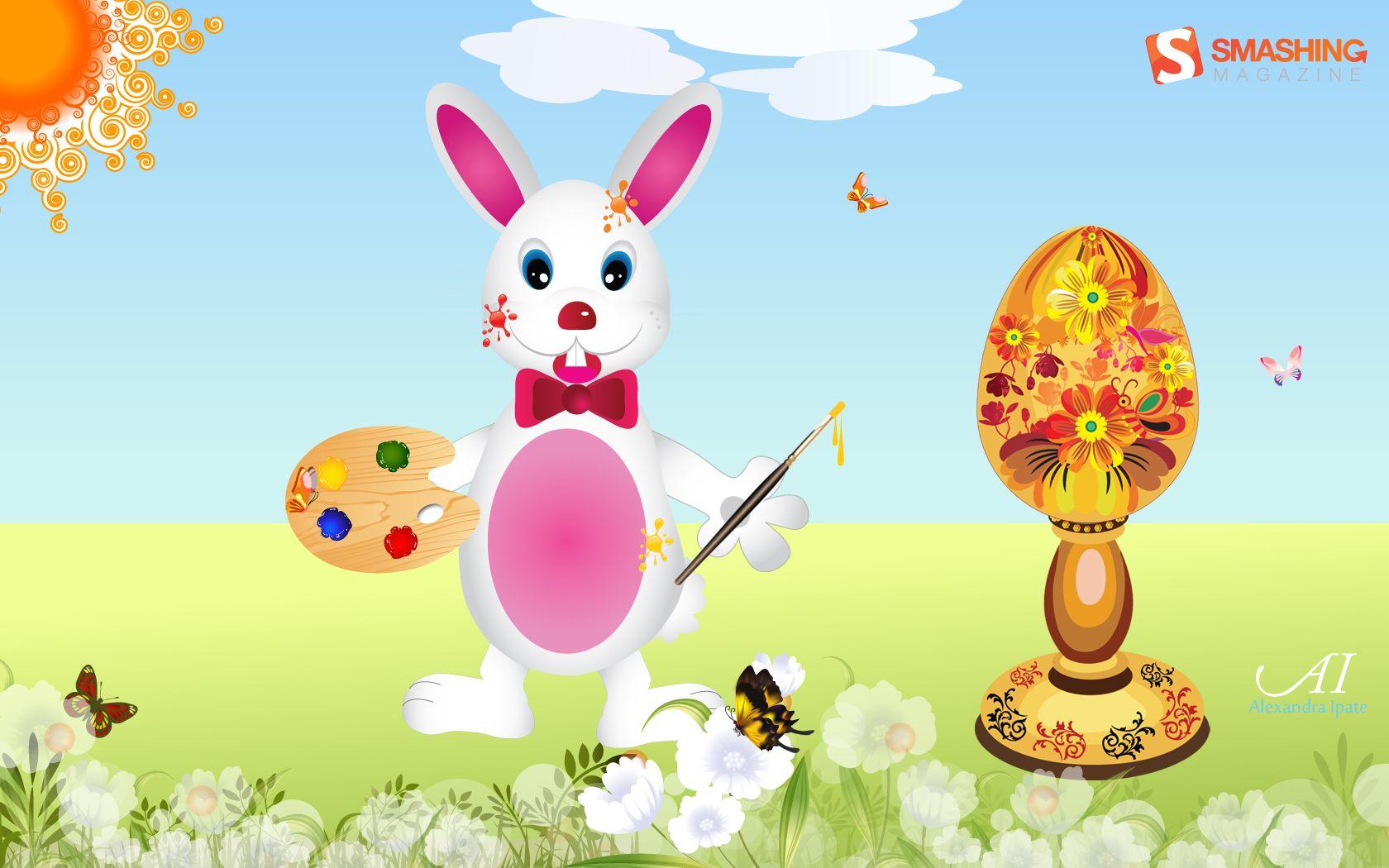 1680x1050 Joyful Easter Wallpaper ? Funny Bunnies And Painted Eggs