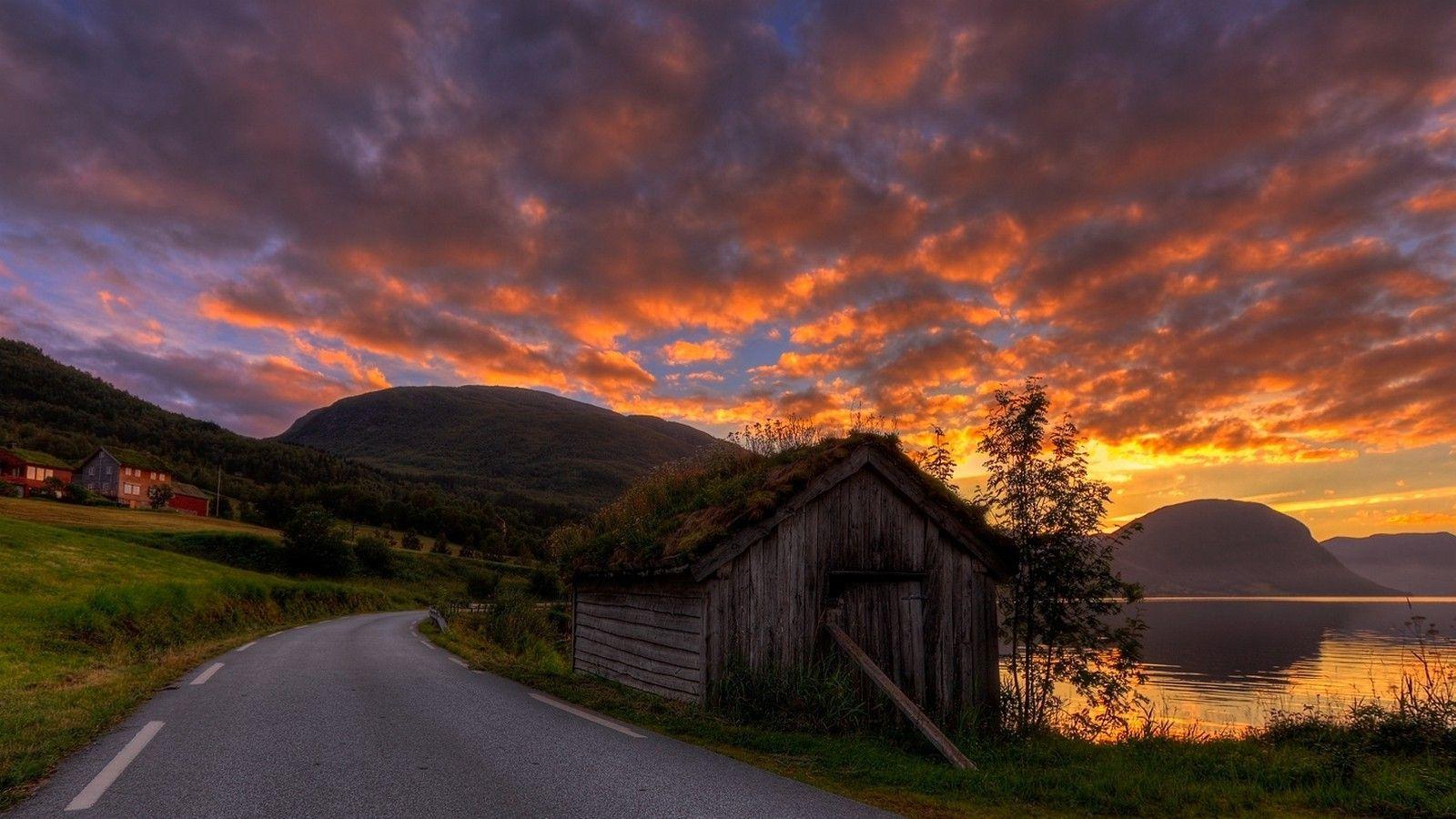 1600x900 sunrise, Road, Hut, Sky, Clouds, Grass, Mountain, Norway, Summer, Nature, Lake, Landscape Wallpaper HD / Desktop and Mobile Background