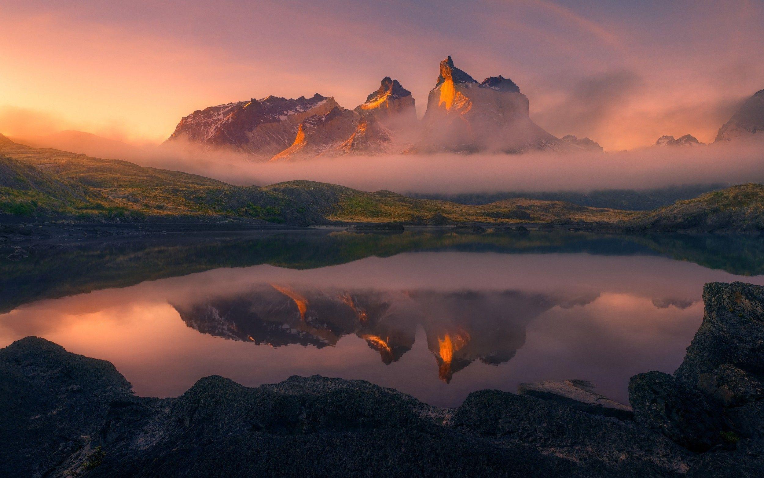 2500x1563 mist, Nature, Landscape, Mountain, Lake, Torres Del Paine, Sunrise, Reflection, Chile, Summer, Water Wallpaper HD / Desktop and Mobile Background