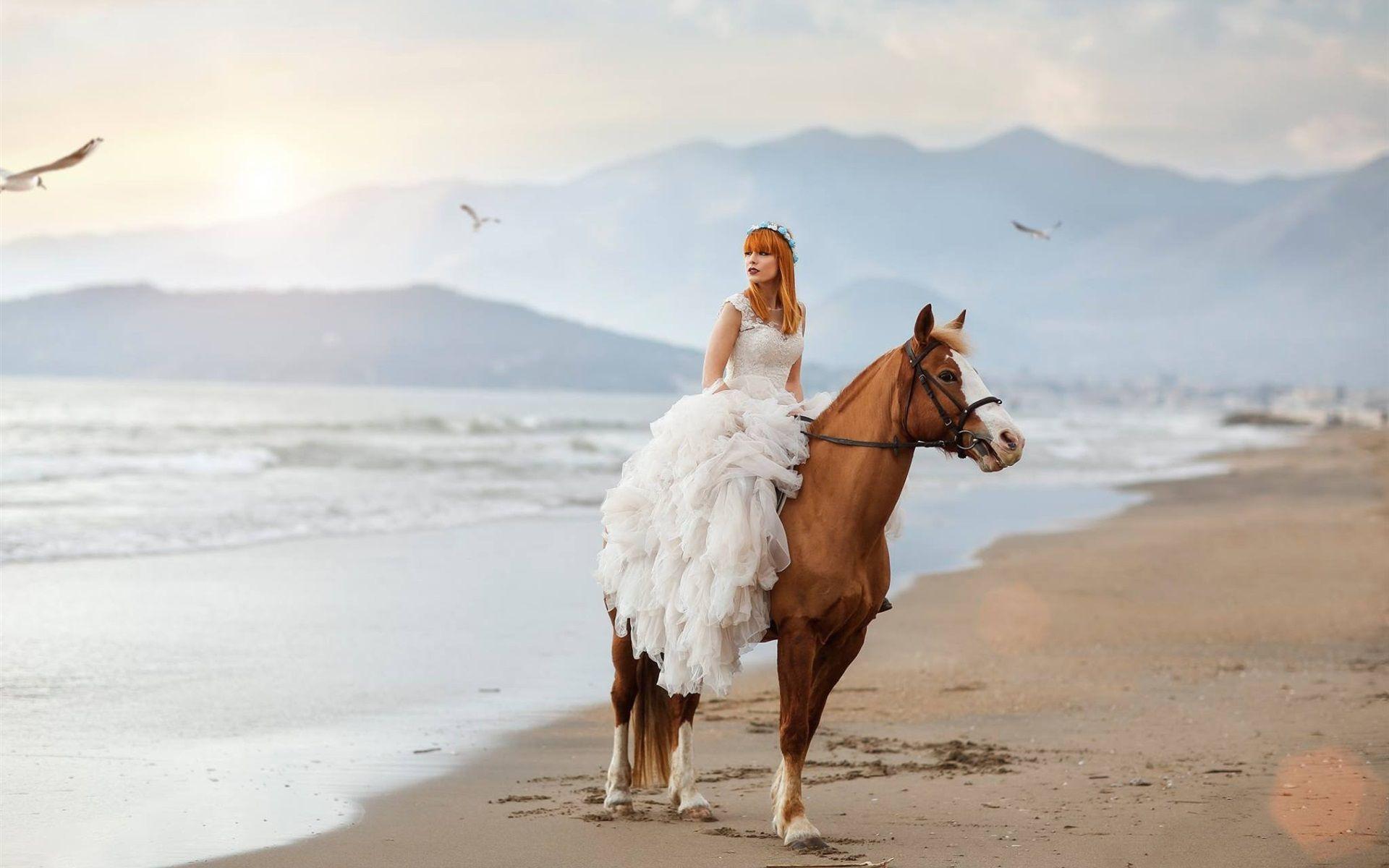 1920x1200 Wallpaper Bride, girl, horse, beach, sea 1920x1200 HD Picture, Image