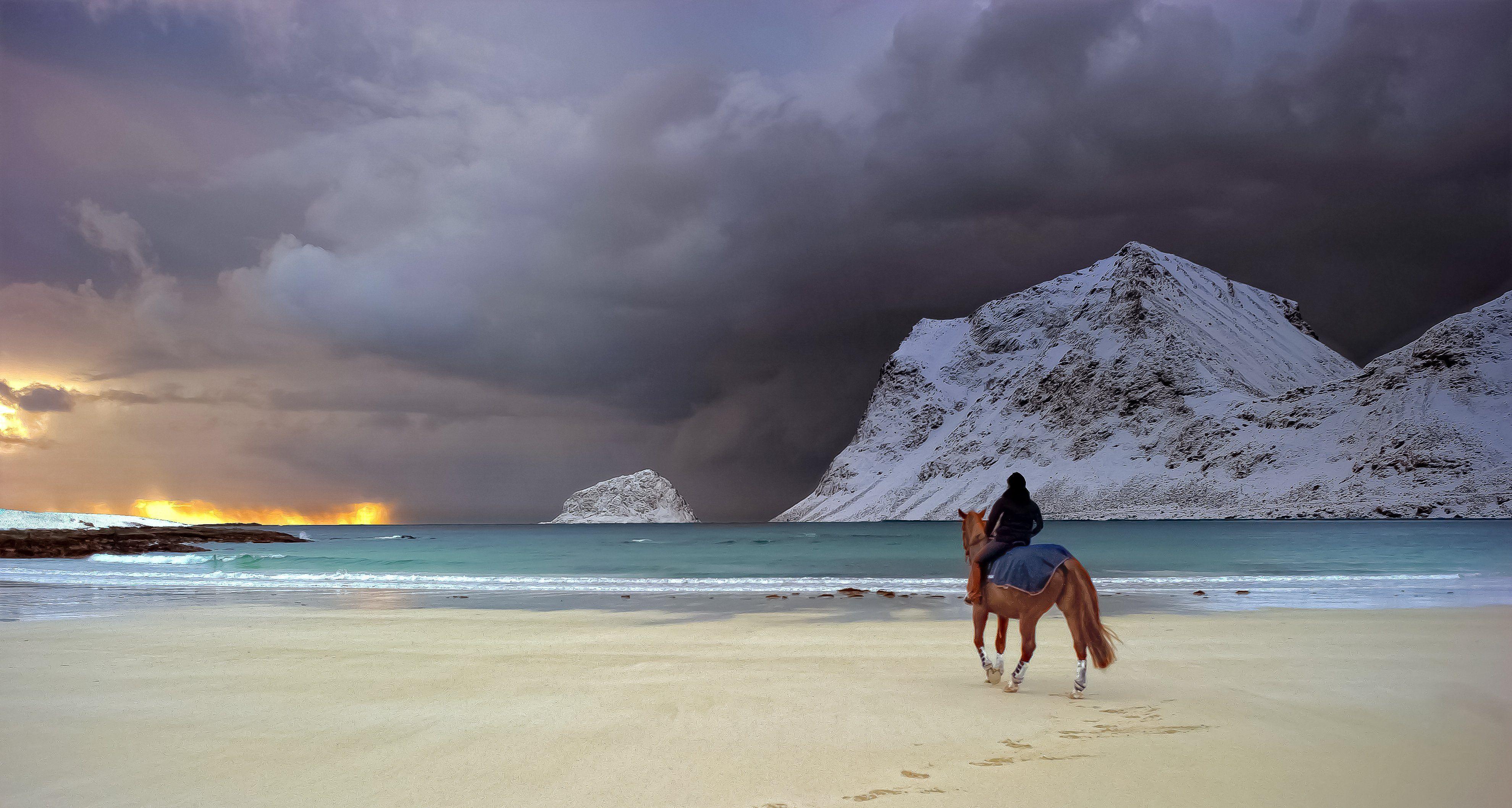 3960x2115 Mountains rain snow sand sea coast winter mood horse beach wallpaperx2115