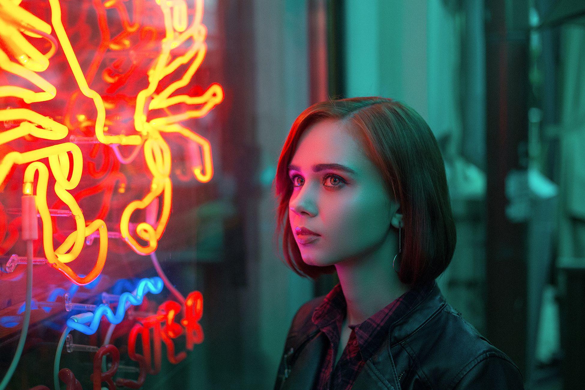 1950x1300 #face, #depth of field, #women, #portrait, #neon