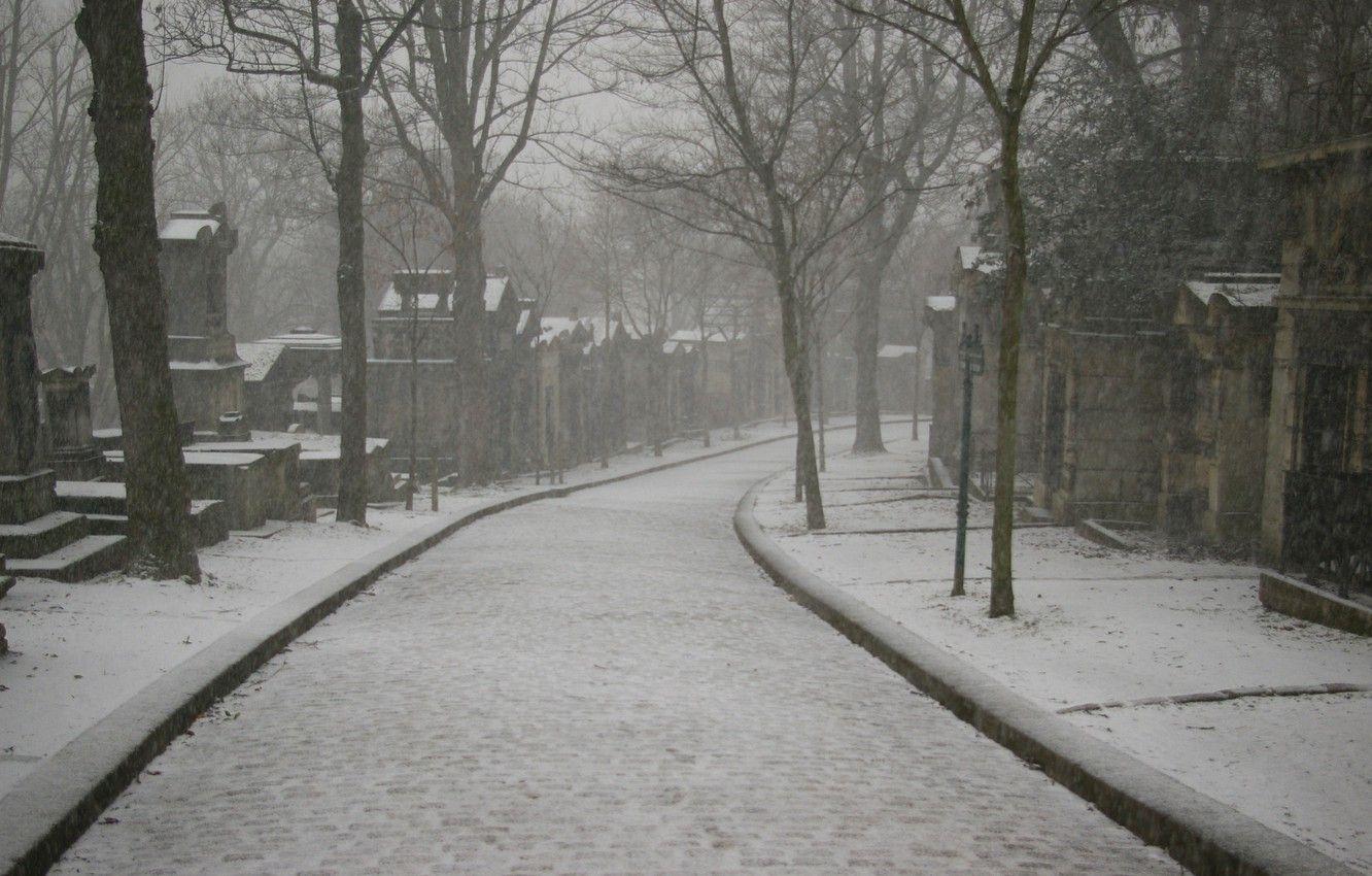 1332x850 Wallpaper Paris, winter, morning, cemetery, under the snow, Père