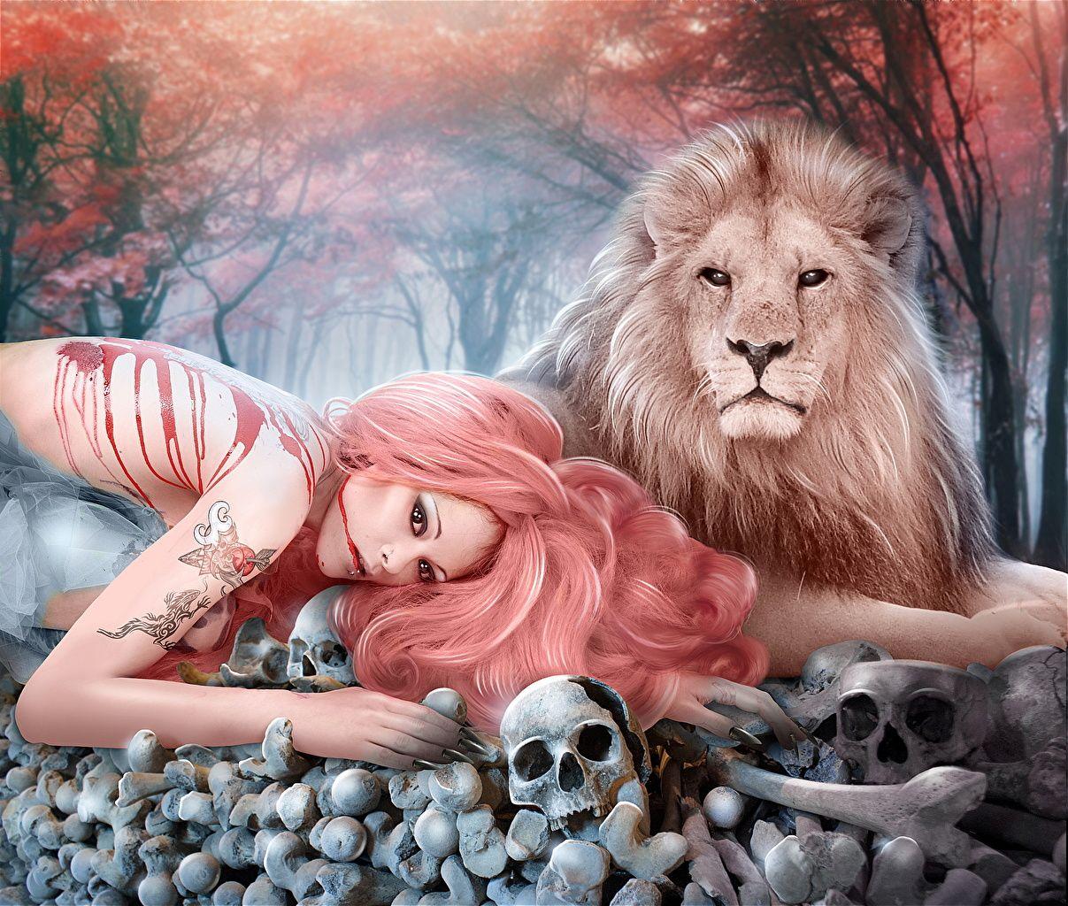 1207x1024 Photo lion Skulls Redhead girl Blood female Fantasy