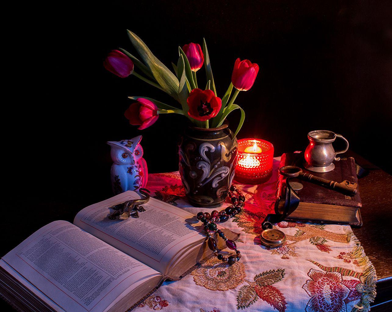 1285x1024 Desktop Wallpaper Tulip Flowers Vase Books Candles Still Life