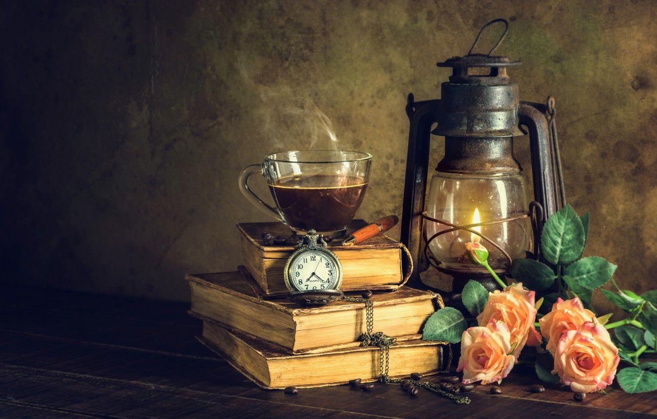 1332x850 Wallpaper flowers, style, retro, books, lamp, roses, Cup, vintage, pocket watch image for desktop, section стиль