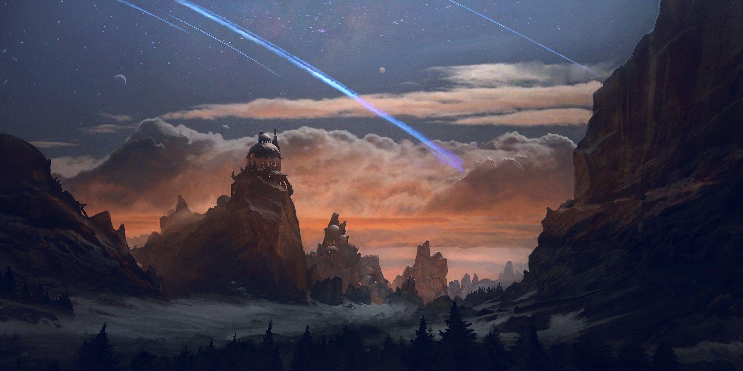 2400x1200 #clouds, #snow, #digital art, #shooting stars, #mountains