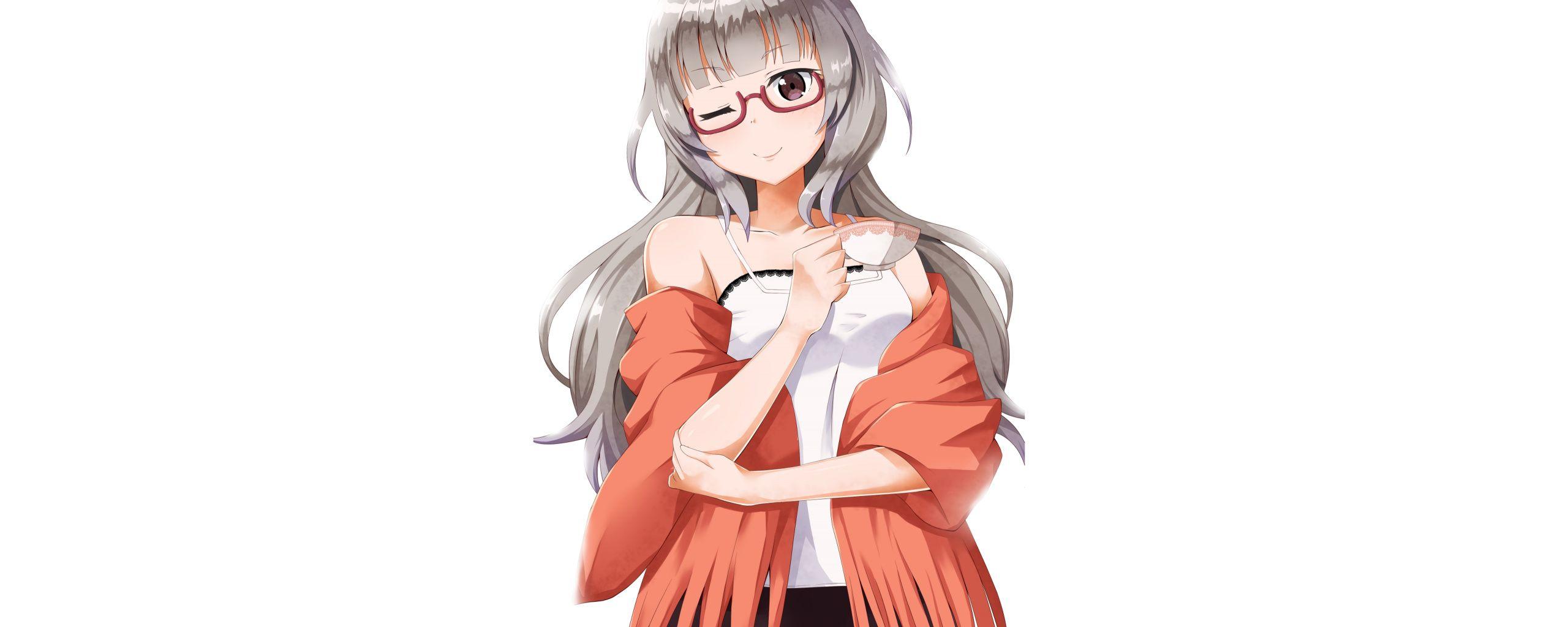2560x1024 Download Anime girl, white hair, Shizuku Hazuki, New Game