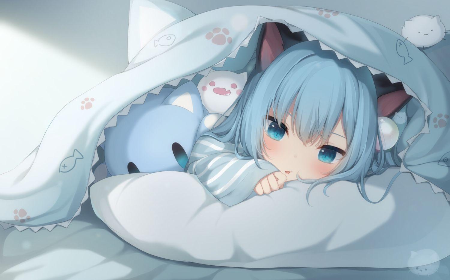 1500x935 amashiro natsuki animal ears aqua eyes aqua hair bed blush catgirl