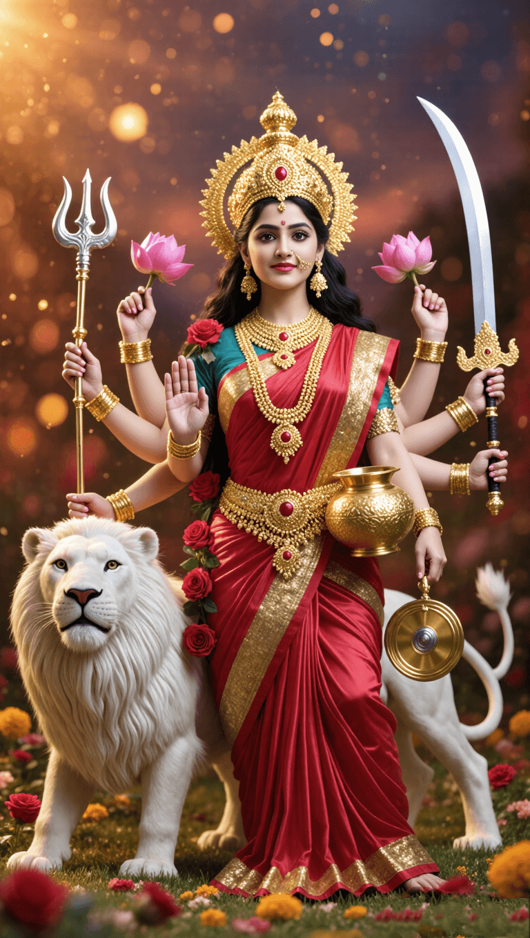 768x1360 Goddess Durga Standing with Lion Holding Trishul and Sword