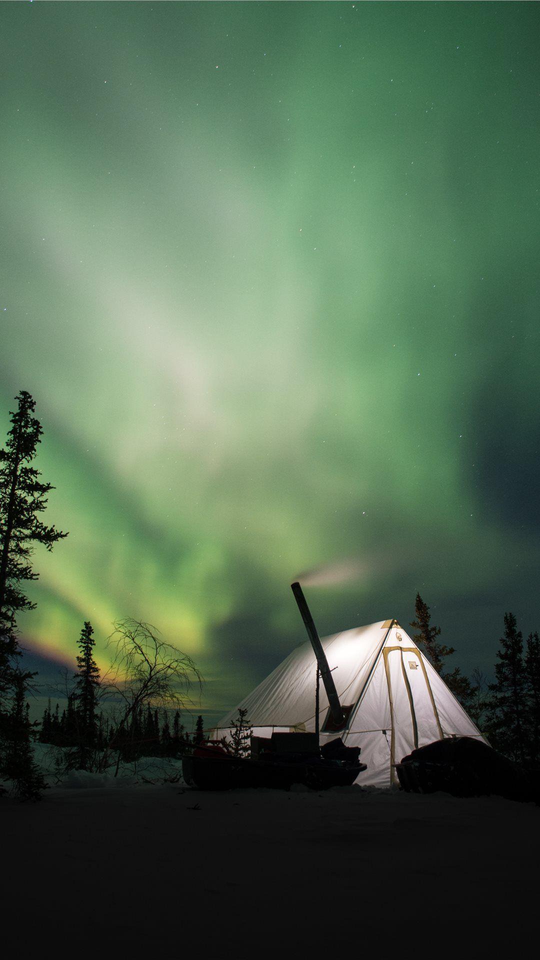 1080x1920 white camping tent and green Arora sky iPhone Wallpaper Free Download