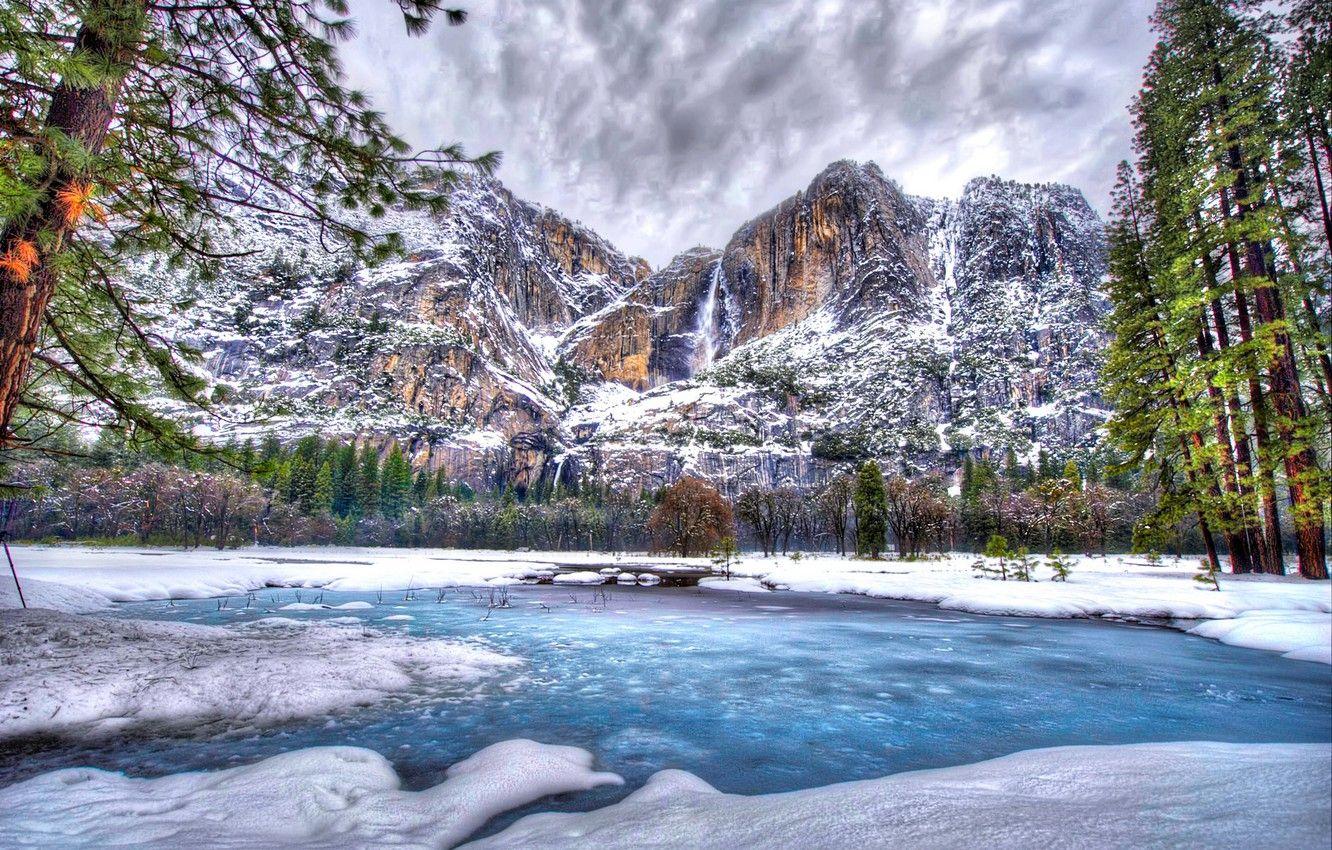 1332x850 Wallpaper winter, snow, trees, mountains, lake, HDR, USA, Yosemite