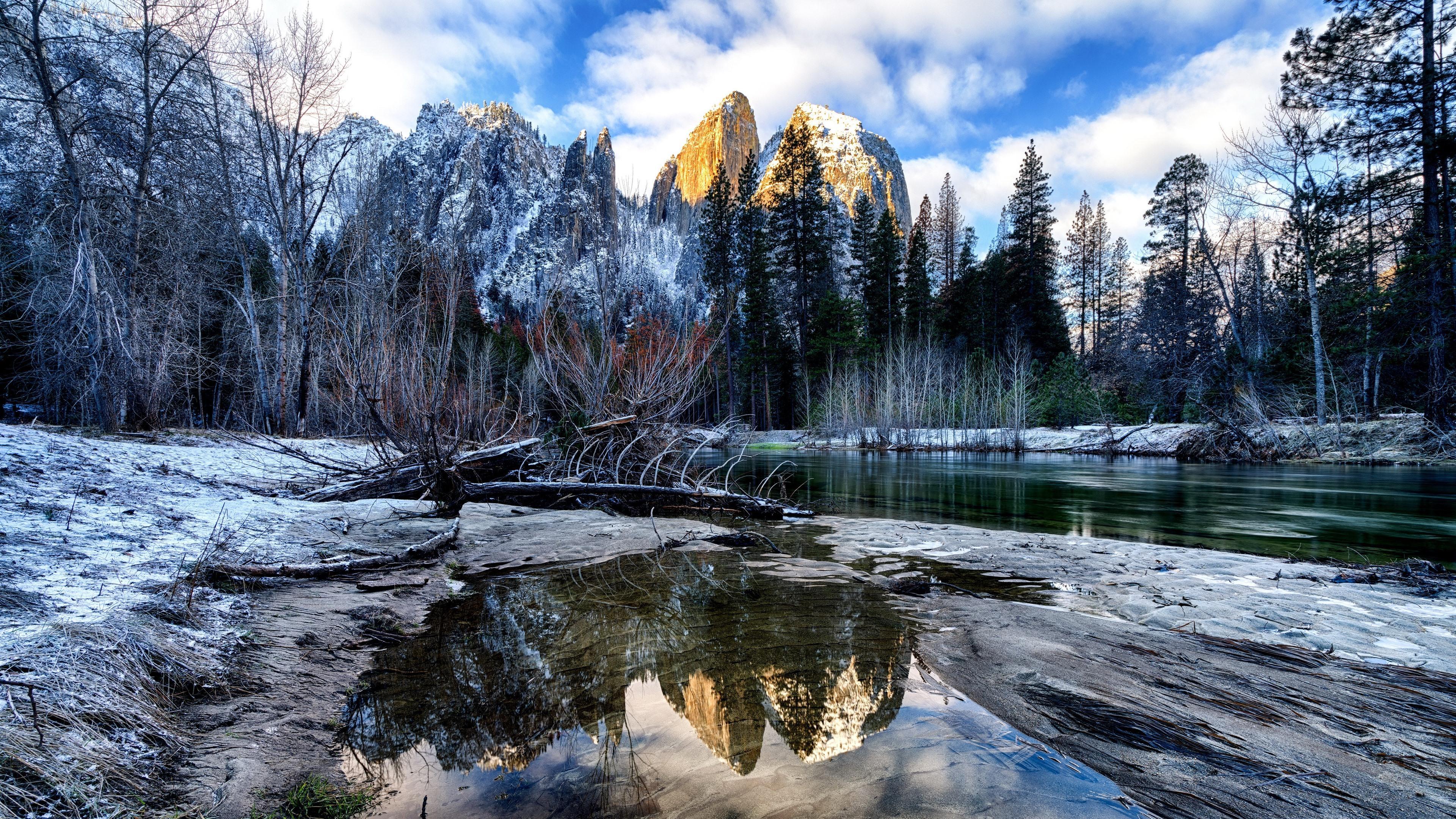3840x2160 Yosemite River Winter Wallpaper