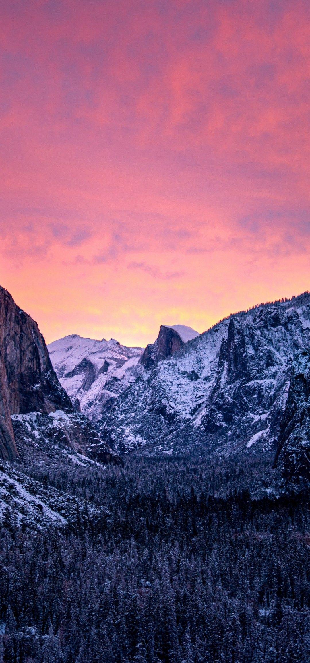 1080x2310 Download 1080x2310 Yosemite National Park, Sunset, Mountains, Snow