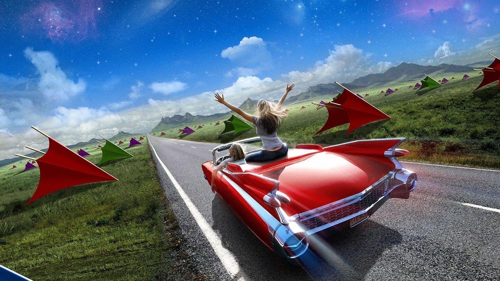 1920x1080 Red car, couple, track, field