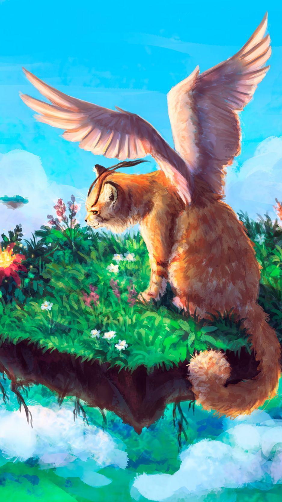 938x1668 Download wallpaper 938x1668 animal, fantasy, art, cat, wings