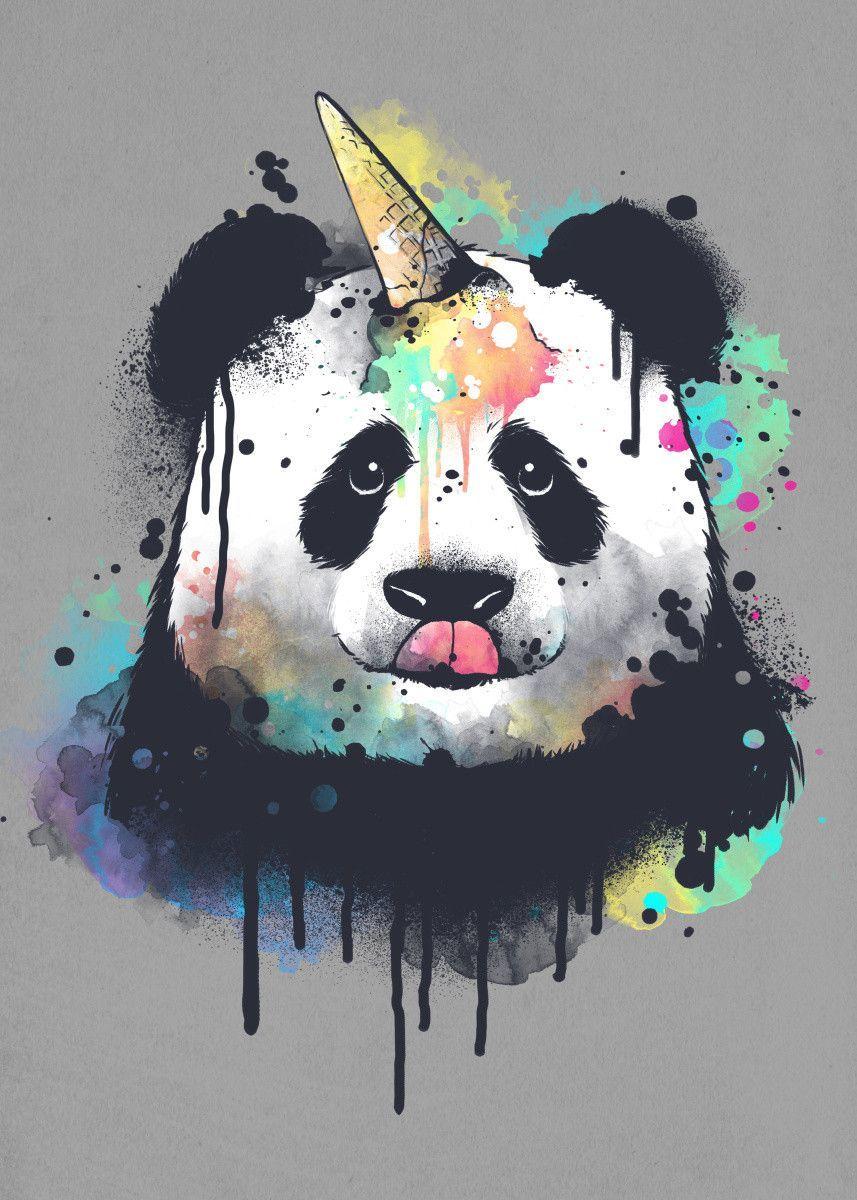 857x1200 ice cream pandacorn watercolor Animals Poster Print. metal
