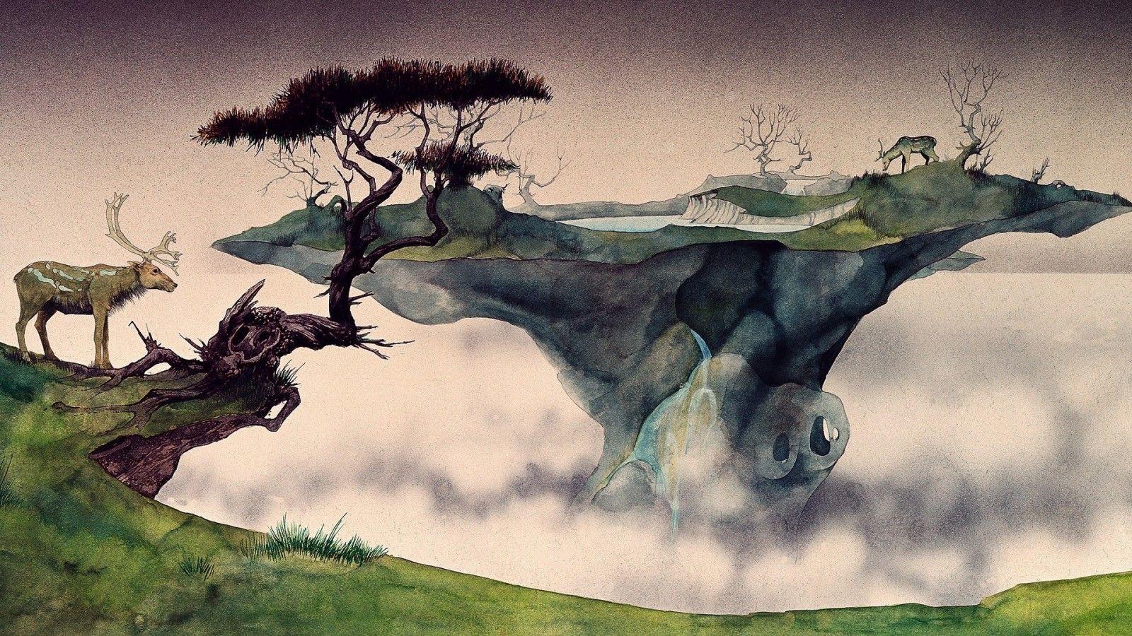 1600x900 trees, drawing, painting, illustration, deer, digital art