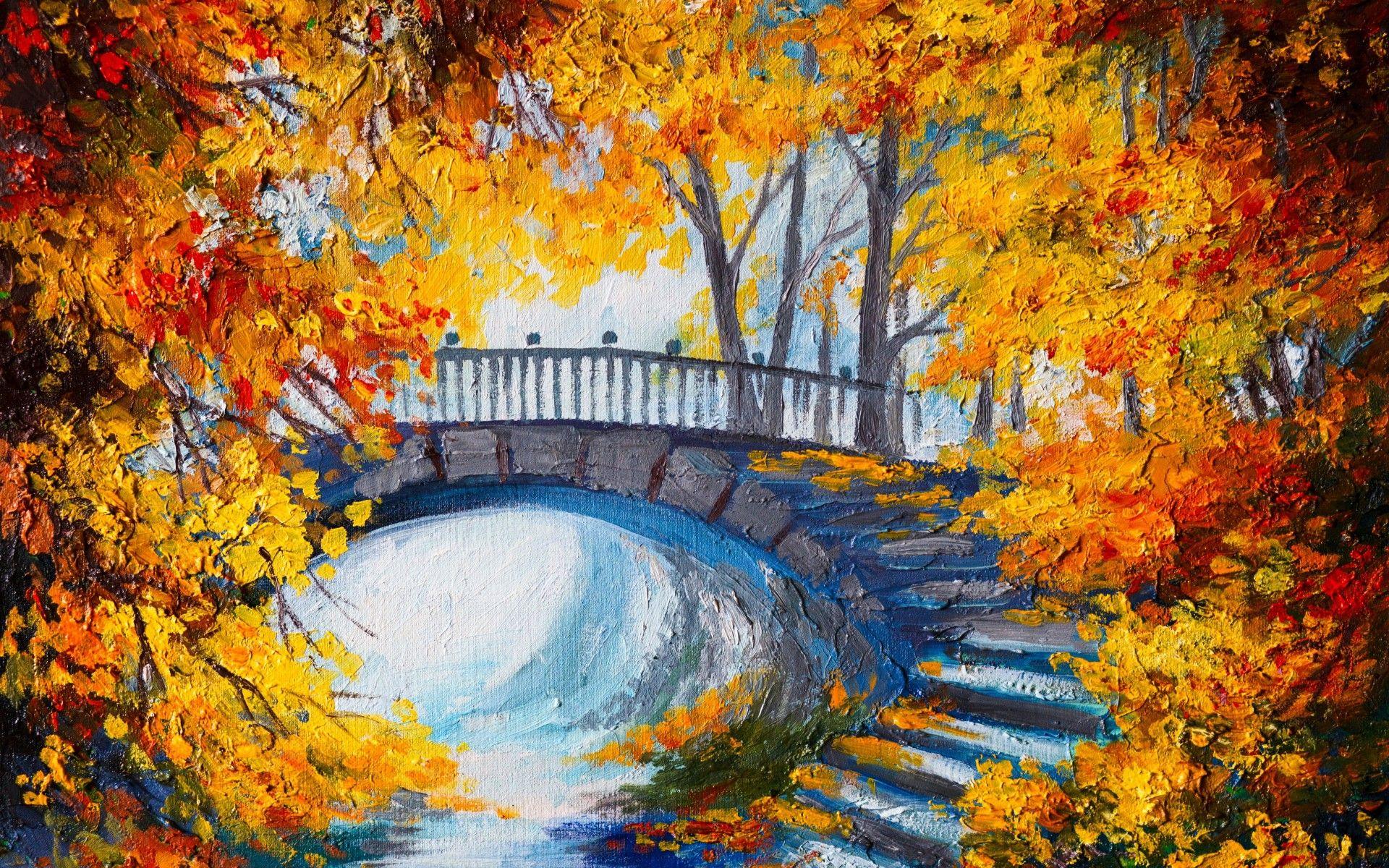 1920x1200 Bright Autumn Trees & Bridge desktop PC and Mac wallpaper