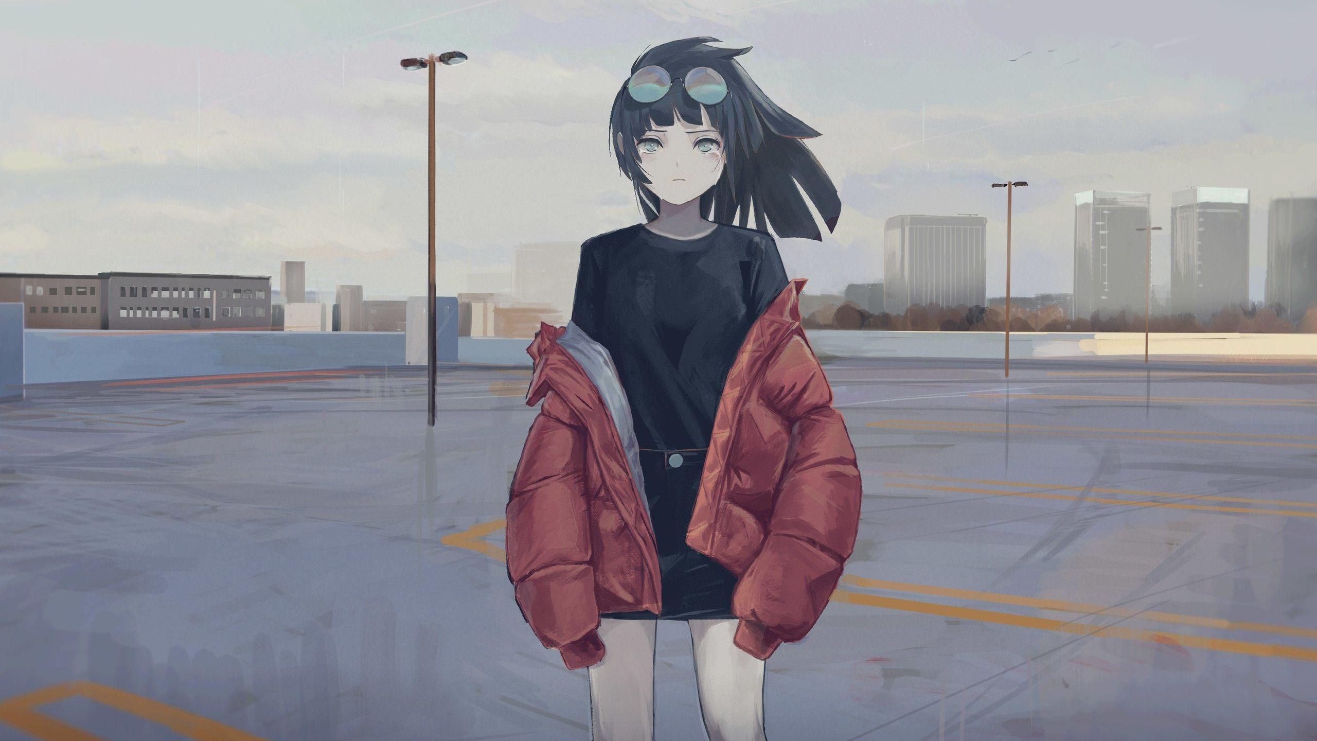 2560x1440 Download 2560x1440 wallpaper anime girl, art, jacket, sunglasses