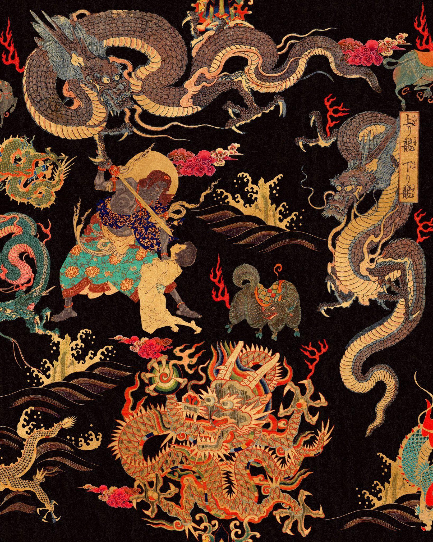 1638x2048 Dragons of Tibet Wallpaper in Red, Gold, and Black from