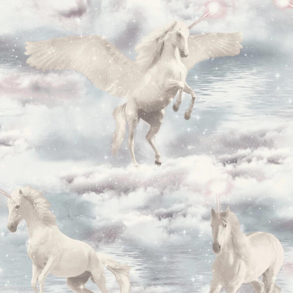 1024x1024 Grey and White Flying Unicorns on Blue Clouded Sky Wallpaper 692600