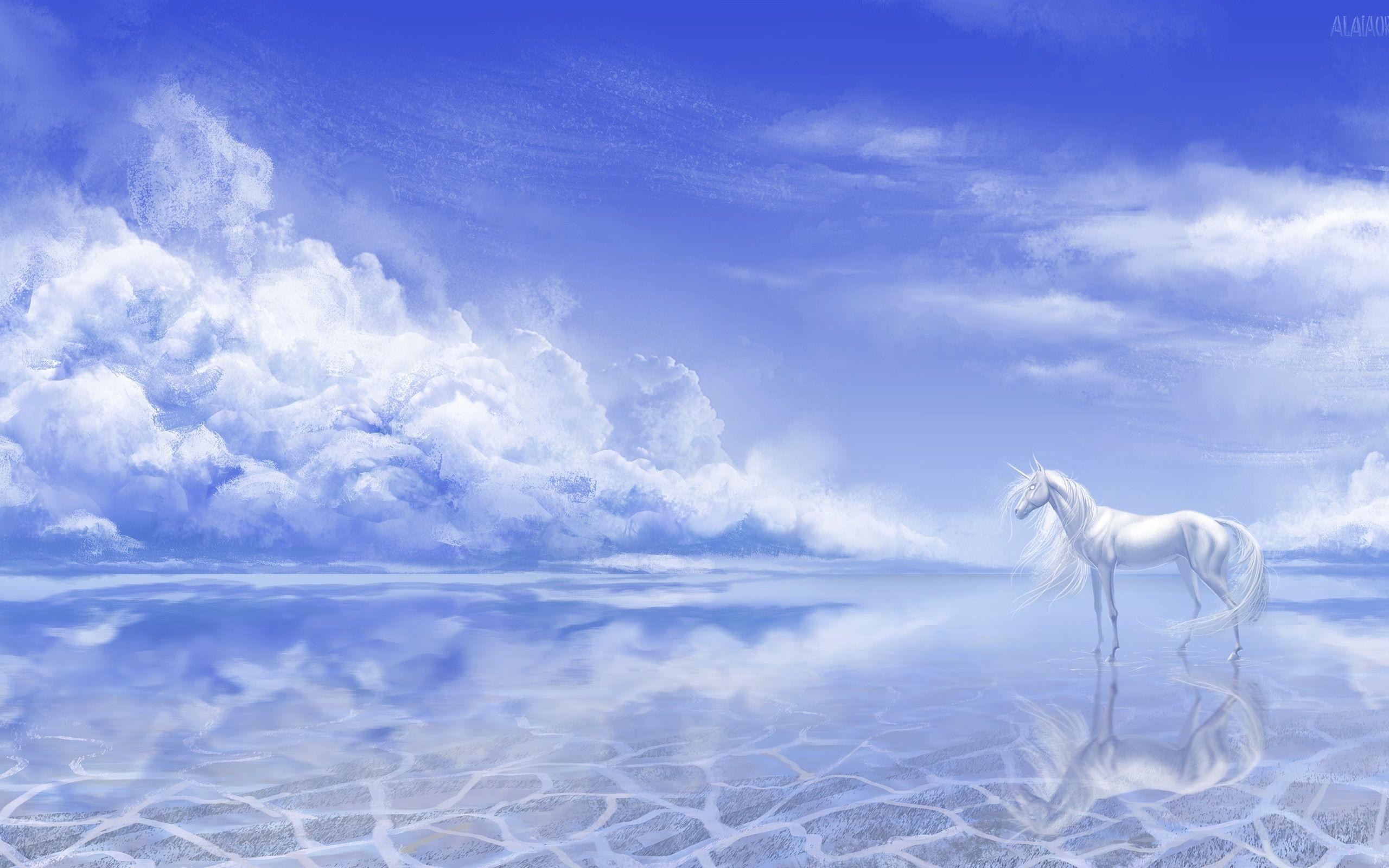 2560x1600 Wallpaper White unicorn, lake, clouds, art picture 2560x1600 HD