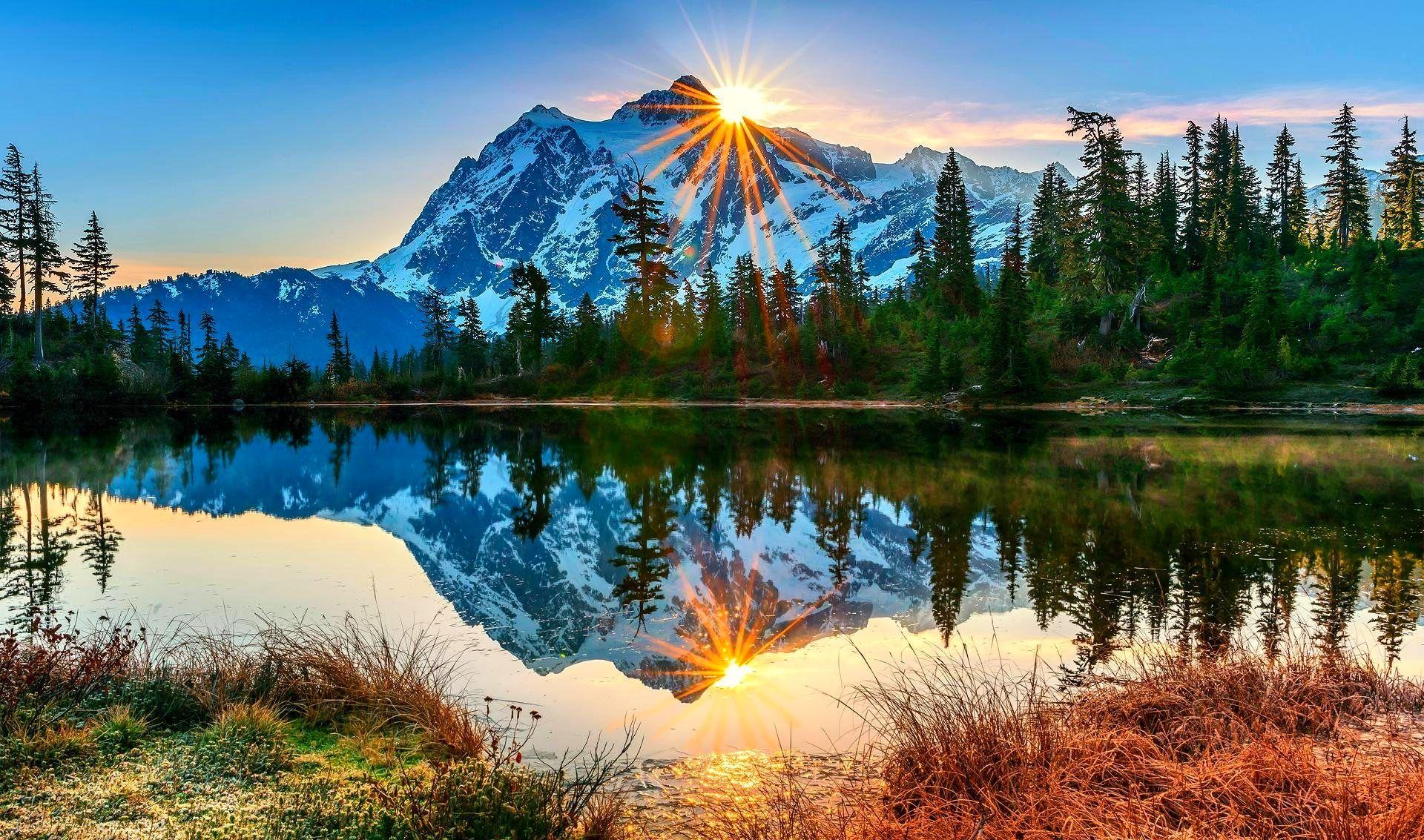 1920x1133 trees, reflection, forest, snowy peaks, lake, mountains, grass