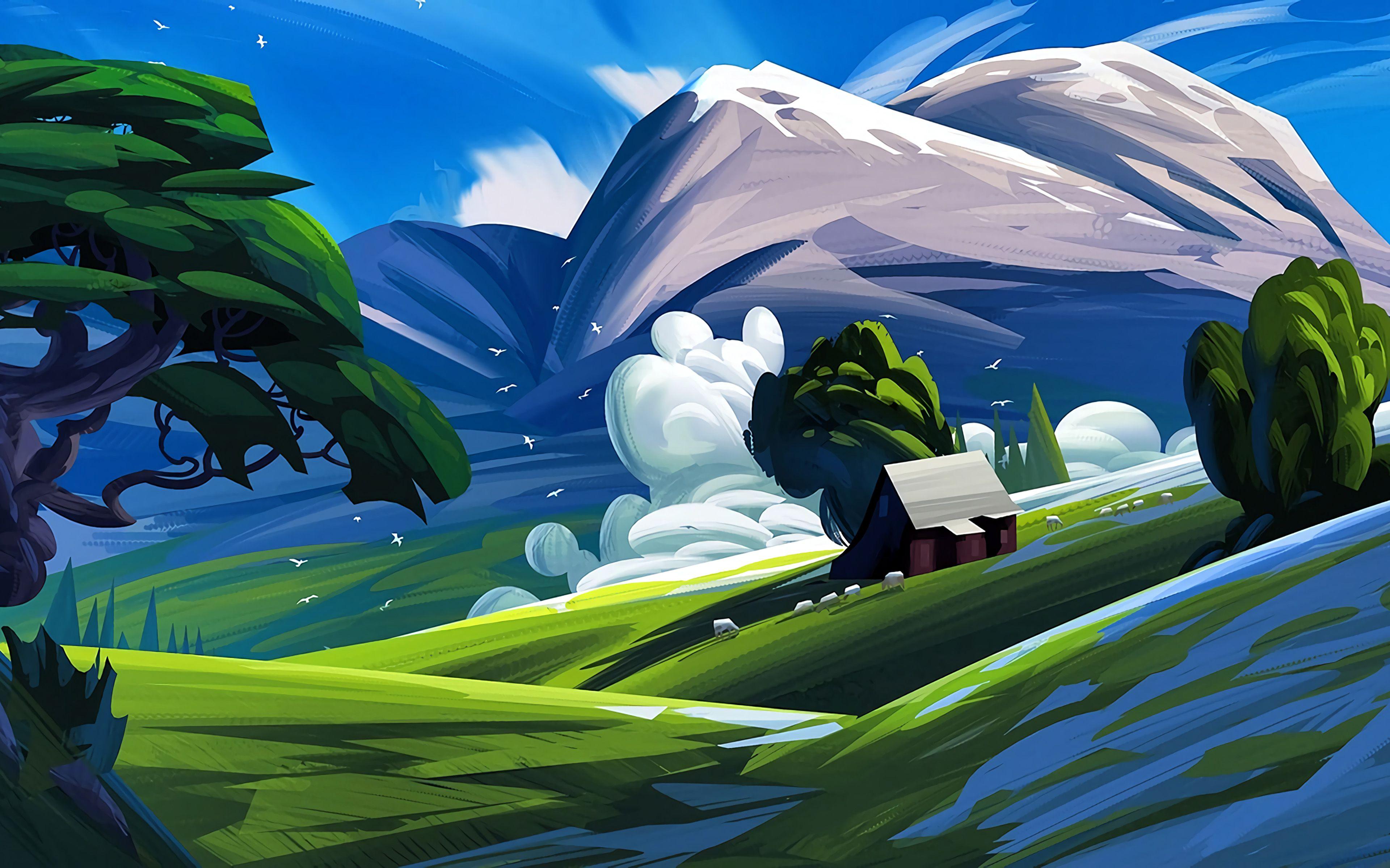 3840x2400 Download wallpaper abstract summer landscape, mountains, hills