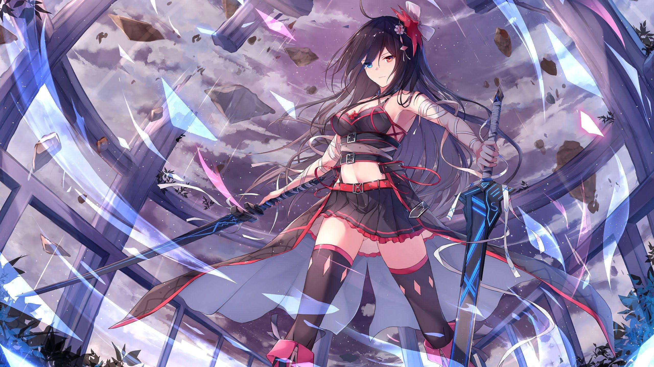 2560x1440 Anime Girl Sword Heterochromia 4K 3840x2160 Wallpaper