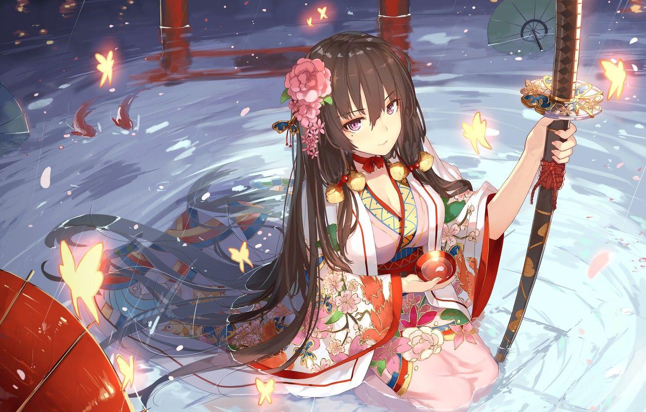 1332x850 Wallpaper girl, sword, fantasy, weapon, anime, water, katana