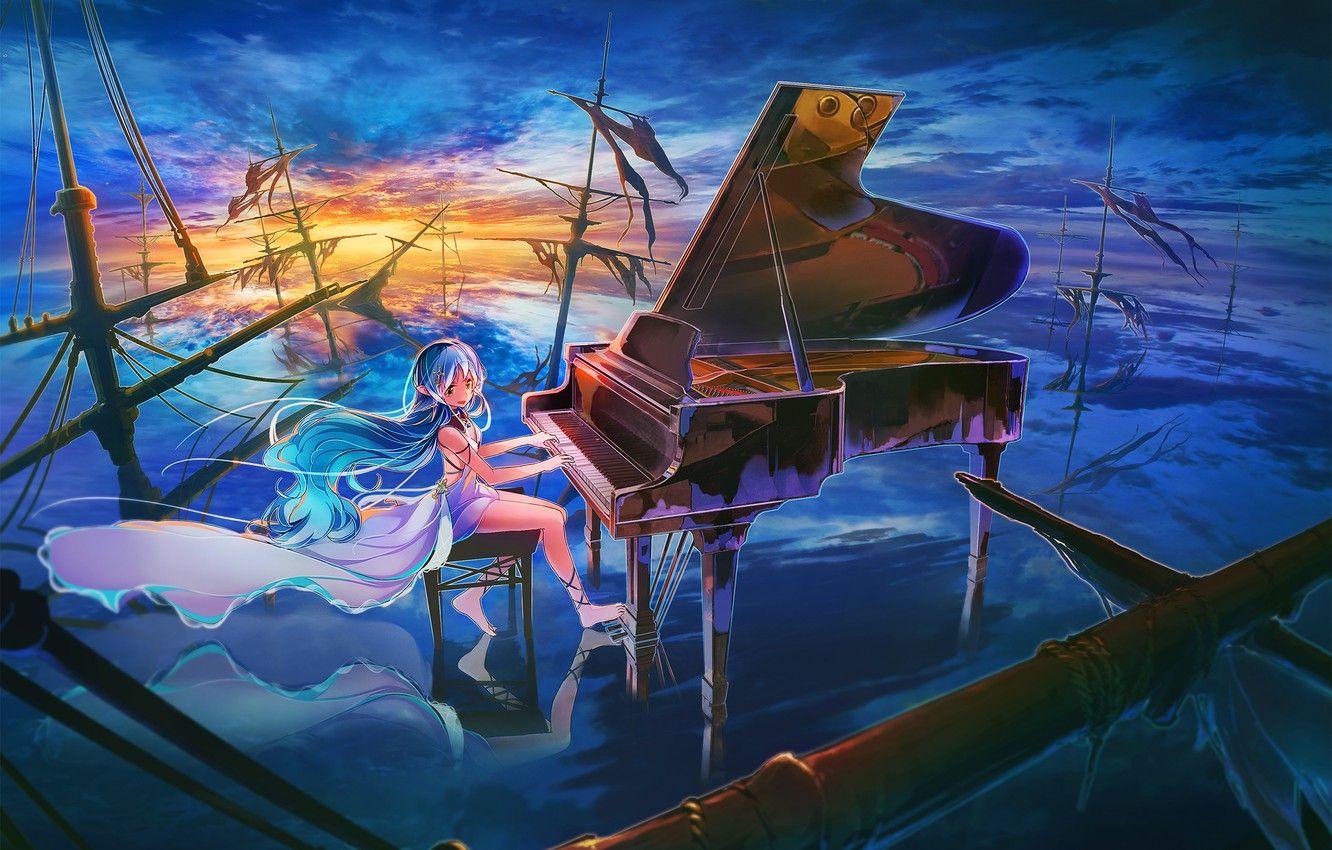 1332x850 Wallpaper the sky, girl, clouds, sunset, ships, anime, piano, art, mast, inzanaki image for desktop, section прочее