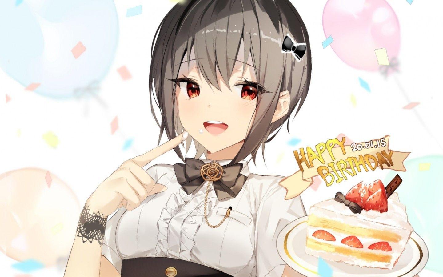 1440x900 Download 1440x900 Anime Girl, Happy Birthday Cake, Short Brown