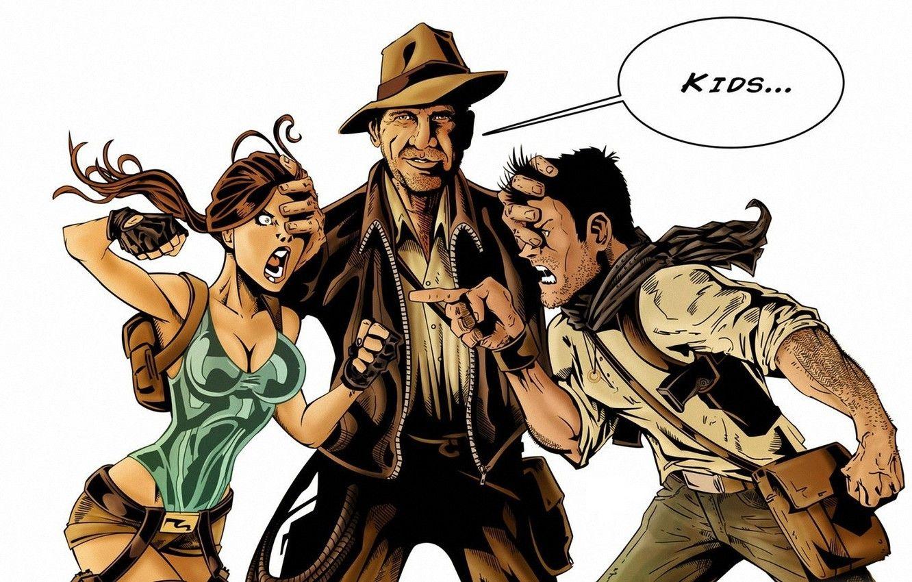 1332x850 Wallpaper humor, white background, Tomb Raider, White, Lara Croft, Nathan Drake, humor, Indiana Jones, archaeologists, Rick O'Connell image for desktop, section фантастика