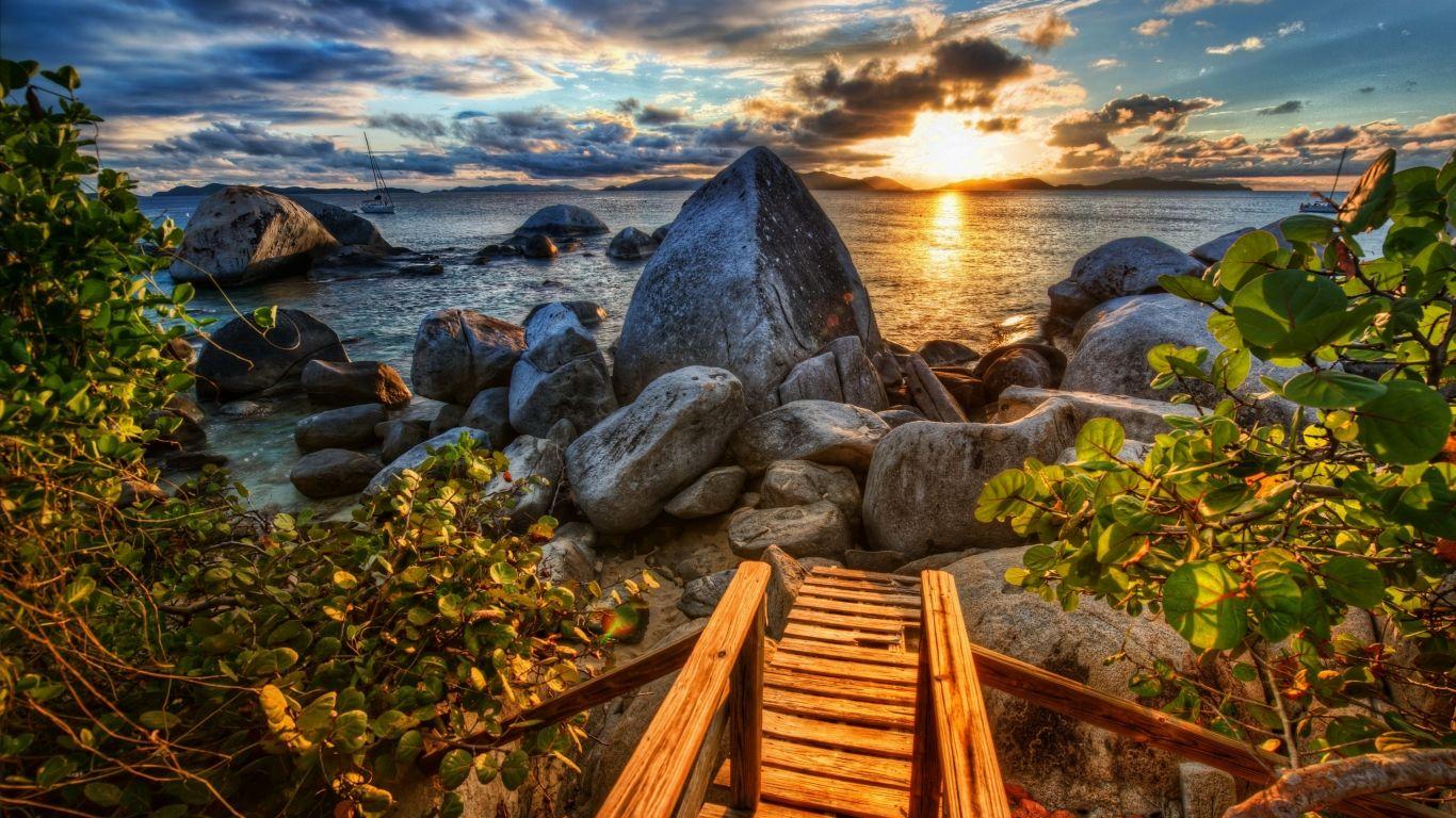 1366x768 Download Sea, 4k, HD wallpaper, sun, sunset, stones, nature