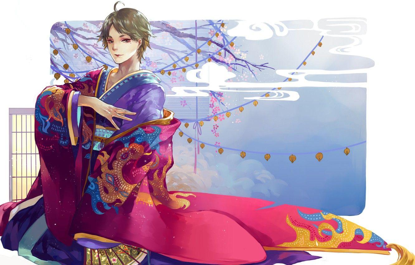 1332x850 Wallpaper pattern, Sakura, fan, white background, guy, lanterns