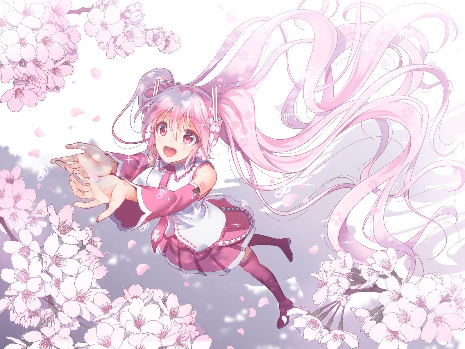 1600x1200 aliasing cherry blossoms flowers hatsune miku long hair petals